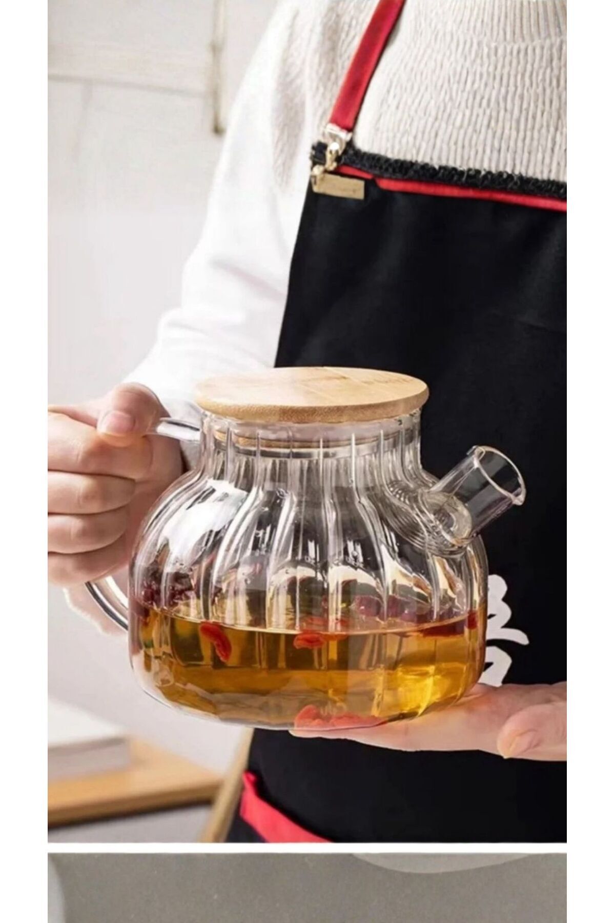 KDR Bambu Kapaklı 1LT Ocağa Koyulabilir Çizgili Cam Demlik ısıya dayanıklı