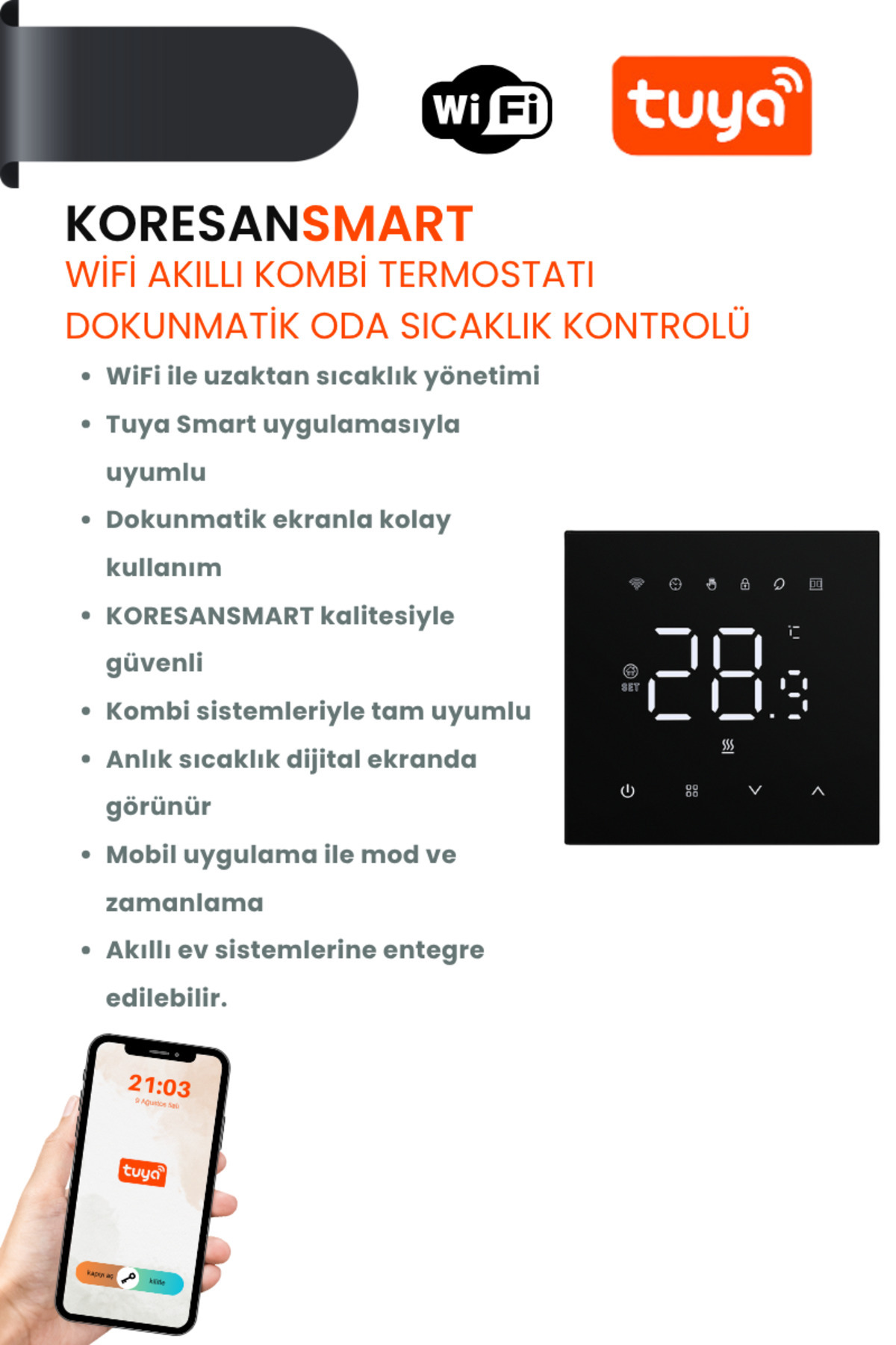 koresan Tuya Siyah WiFi Akıllı Kombi Termostatı – Dokunmatik Oda Sıcaklık Kontrolü