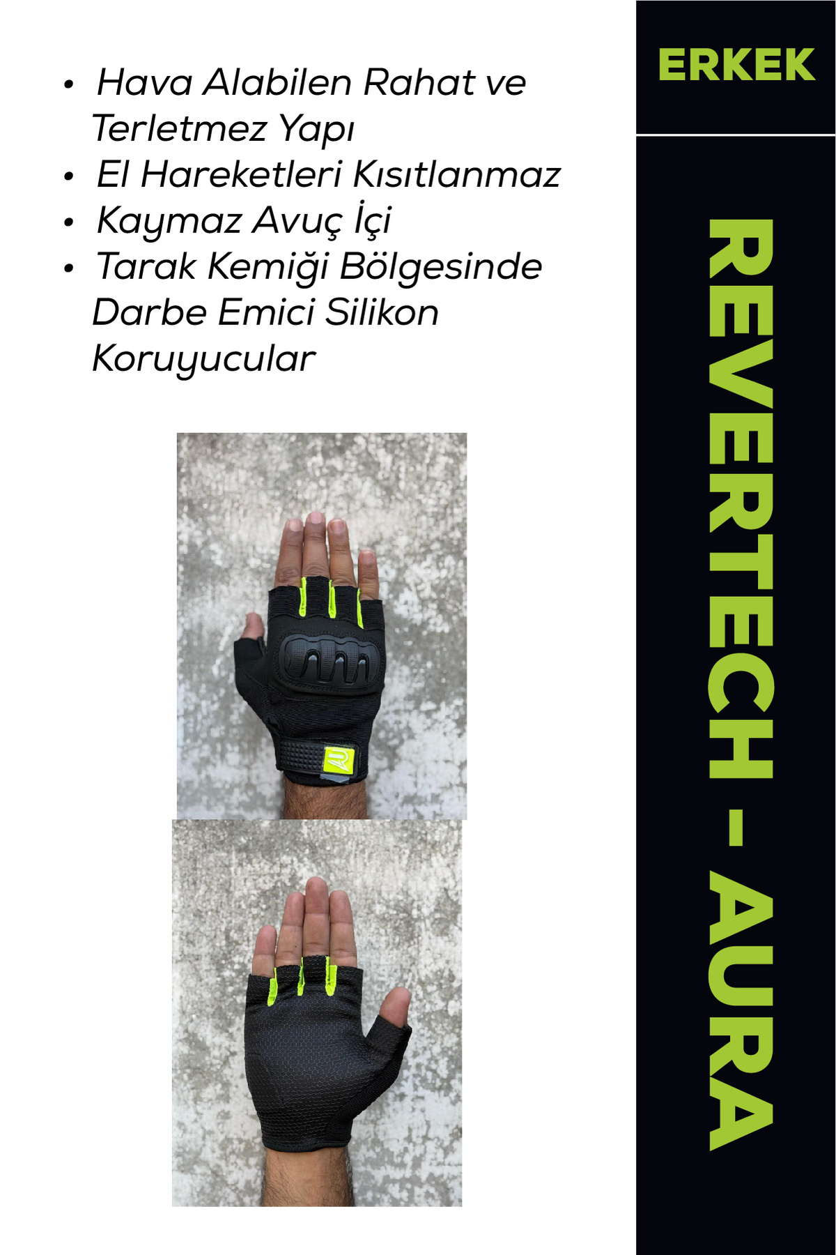 MOTOKIT Revertech Aura Siyah - Neon / Yarım Parmak - Kaymaz Avuç İçi Özellikli Motosiklet Eldiveni (Erkek)