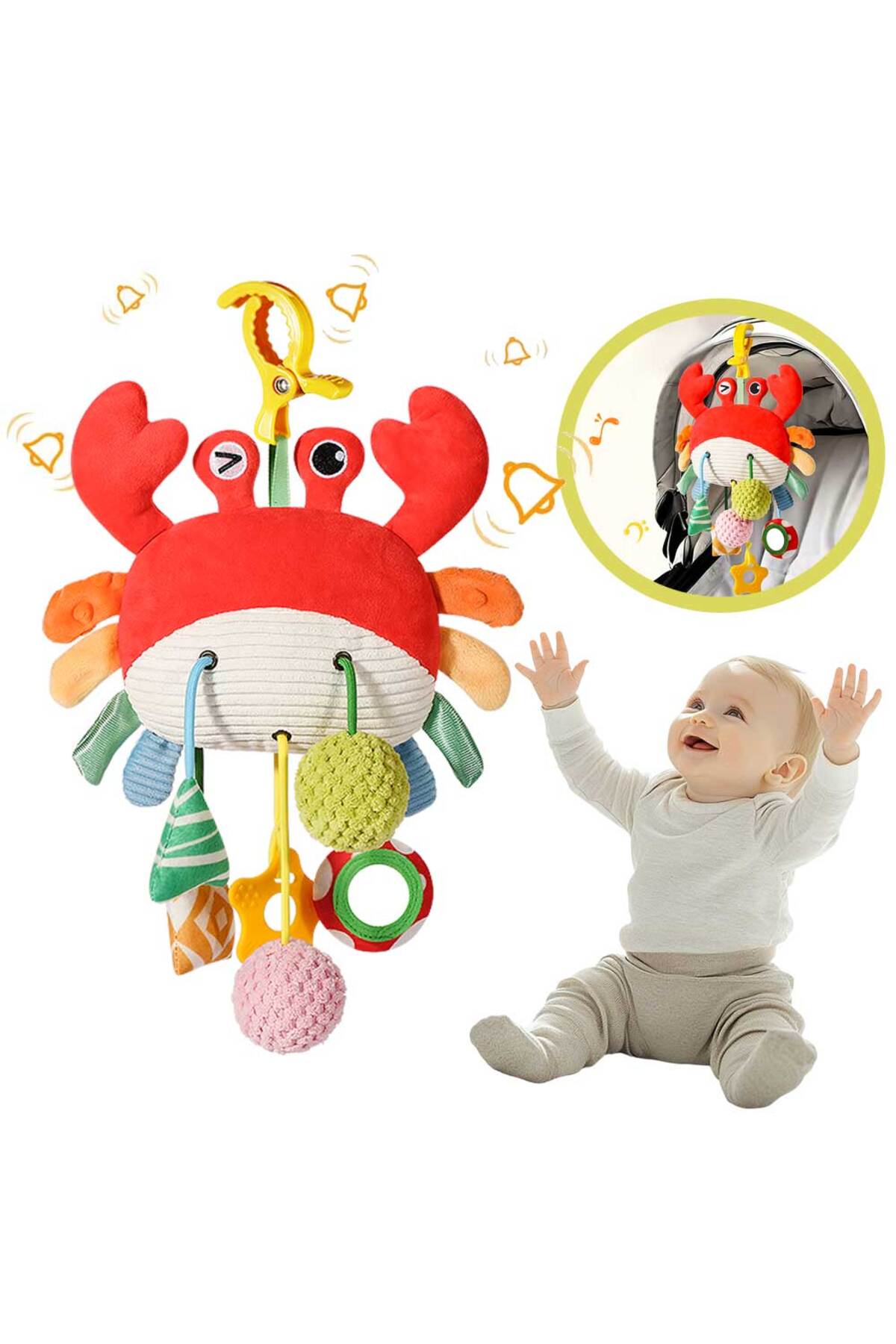 اسباب‌بازی دندان‌گیر سیلیکونی خرچنگ با بند کشی برای نوزاد، تقویت‌کننده تشخیص رنگ و هماهنگی دست و چشم.