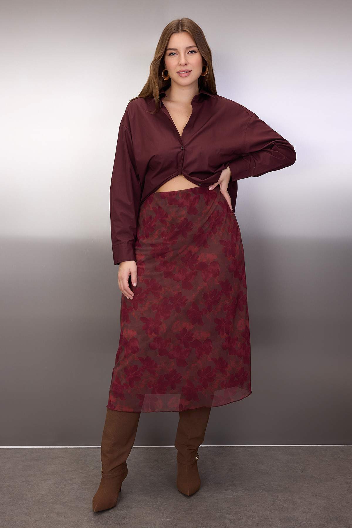 Trendyolmilla Curve Bordo A-Line Çiçek Desenli Tül Örme Büyük Beden Etek TBBAW25AZ00006