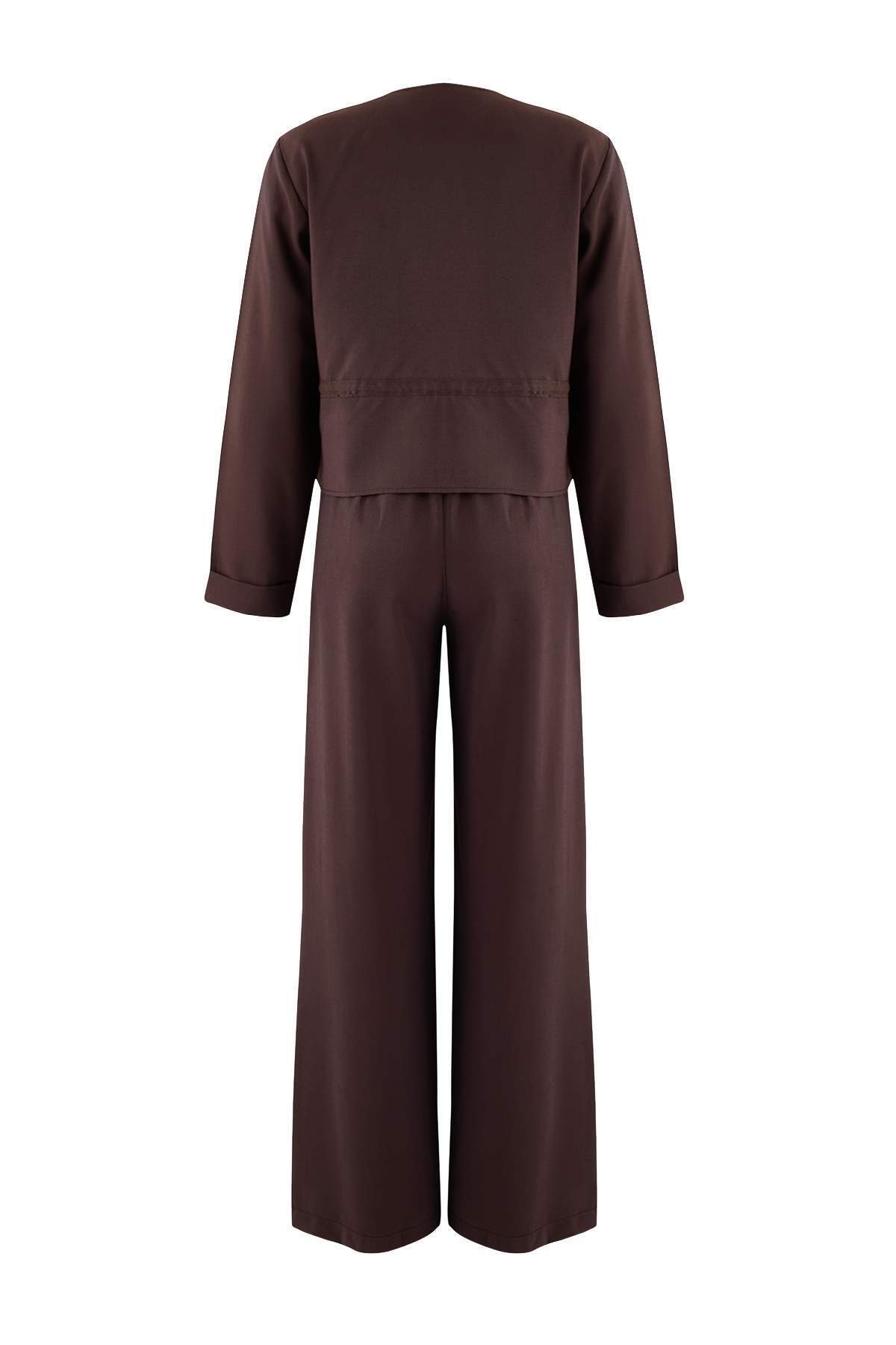 Trendyolmilla  Koyu Kahverengi Yumuşak Dokulu Bluz Pantolon Dokuma Alt - Üst Takım TWOAW26AU00111 - Görsel 6