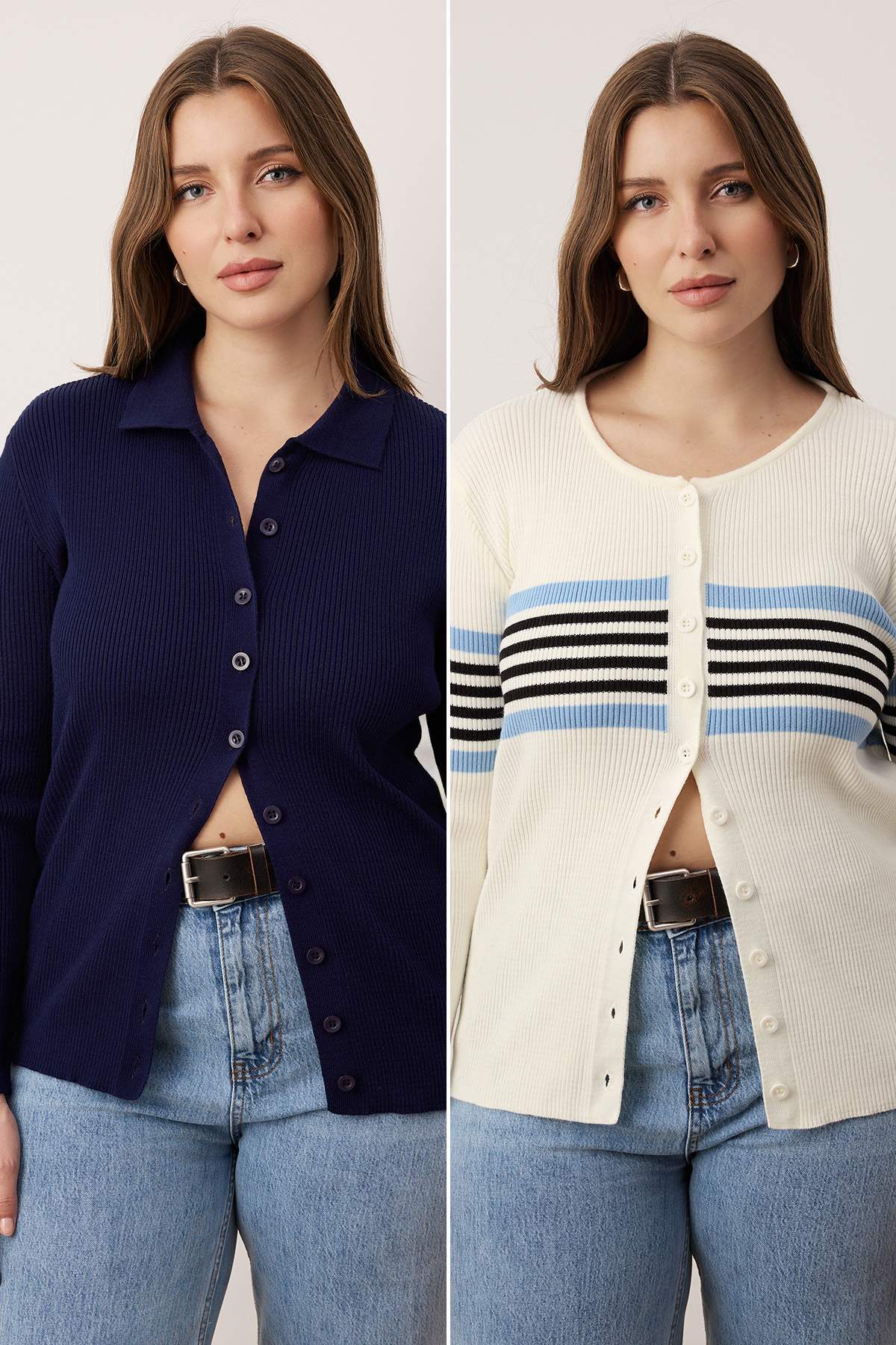 Trendyolmilla  Lacivert-Ekru Fitilli Bisiklet & Polo Yaka 2'li Paket Triko Hırka TBBAW26AV00034