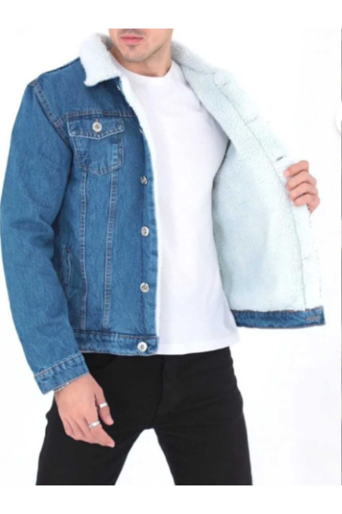 TRS YB GİYİM  Erkek Trend Kışlık Içi Kürklü Kot Ceket Açık Mavi - Görsel 3