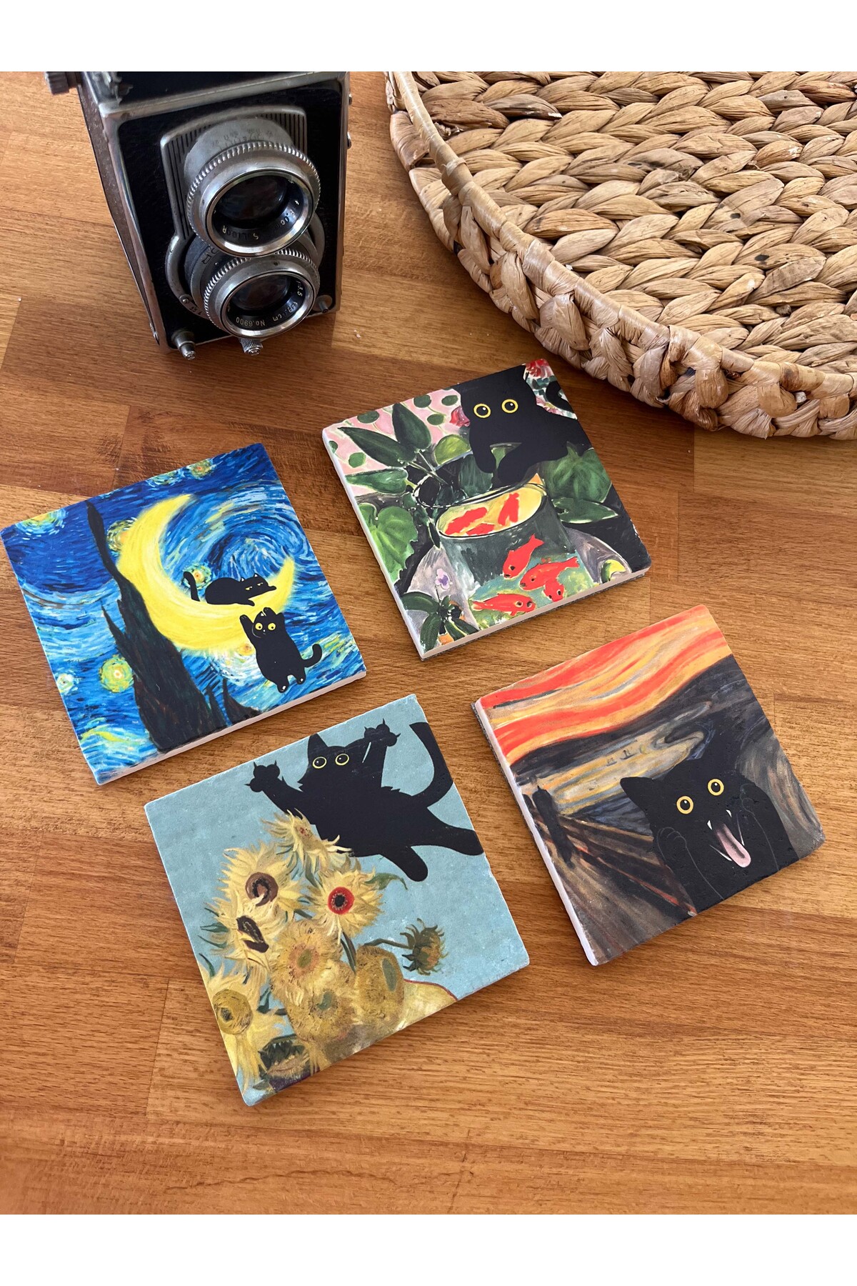 Workshop Art and Cat Themed Coaster Set of 4 Natural Stone (10x10 cm)
