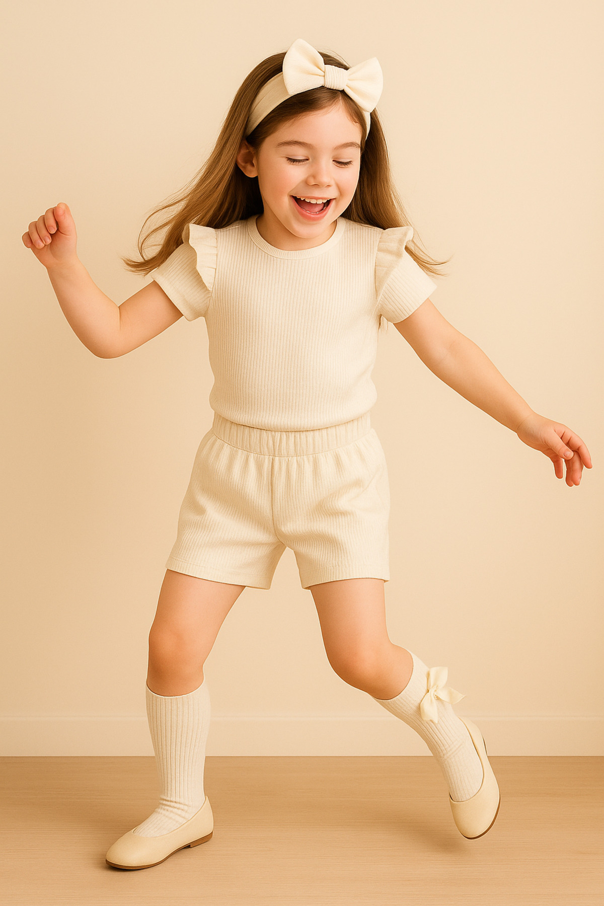 özge başaran Krem Rengi Şort & Tişört,ve Çorap Fitilli Kumaş Kız Çocuk Ve Bebek 3'lü Giyim Seti fotoğrafı 7 (önizleme)