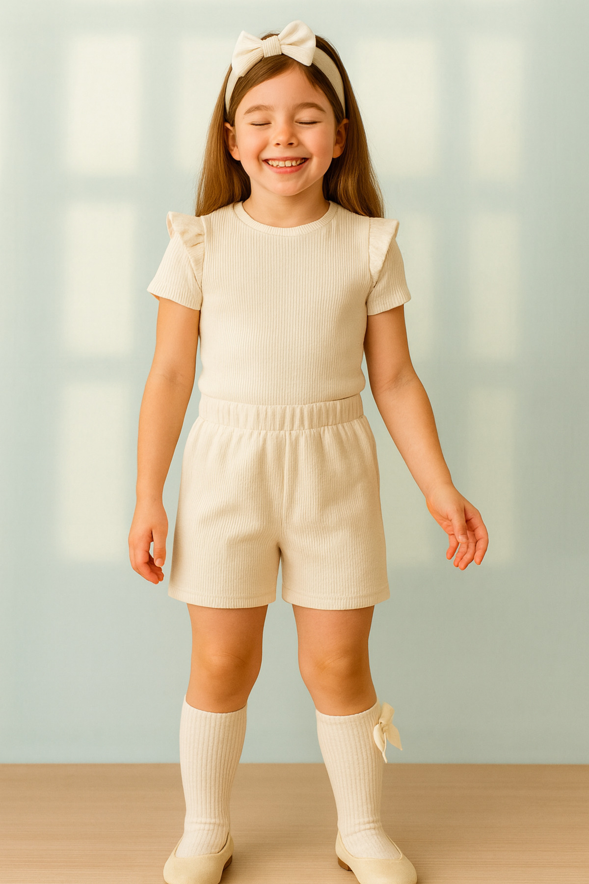 özge başaran Krem Rengi Şort & Tişört,ve Çorap Fitilli Kumaş Kız Çocuk Ve Bebek 3'lü Giyim Seti fotoğrafı 6 (önizleme)