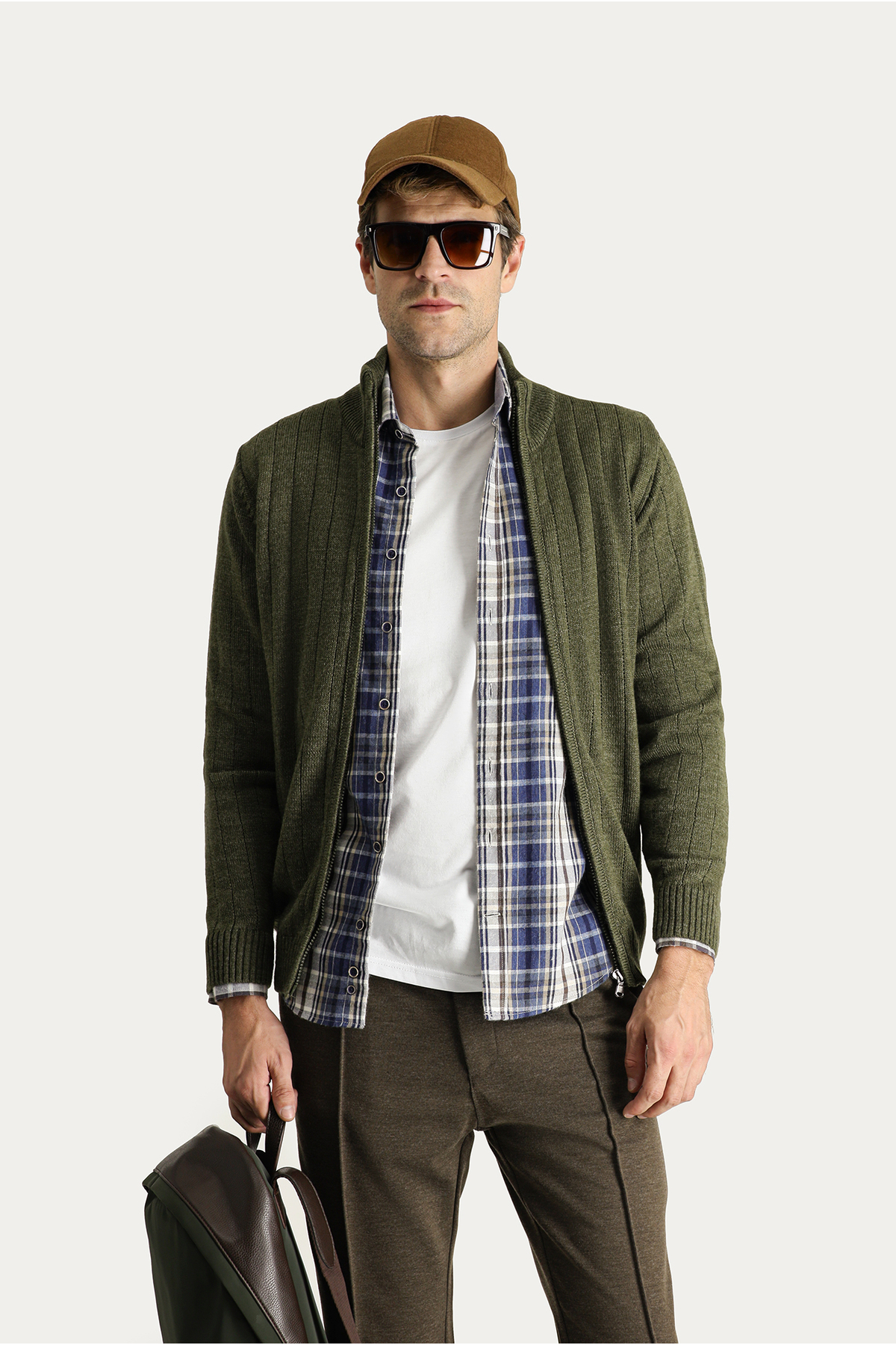 Kiğılı  Dik Yaka Fermuarlı Regular Fit Çizgili Triko Hırka - Görsel 2