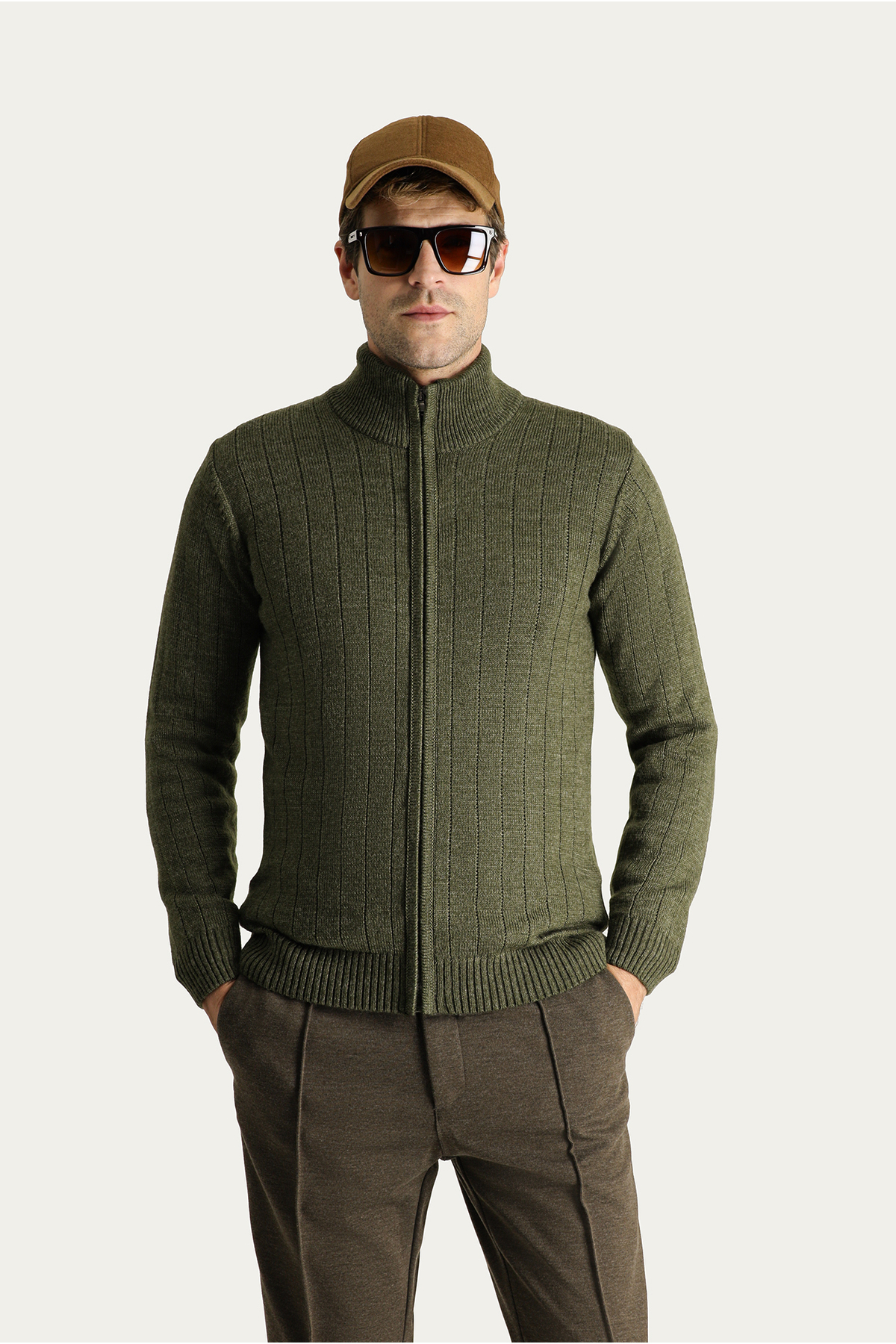 Kiğılı  Dik Yaka Fermuarlı Regular Fit Çizgili Triko Hırka - Görsel 3