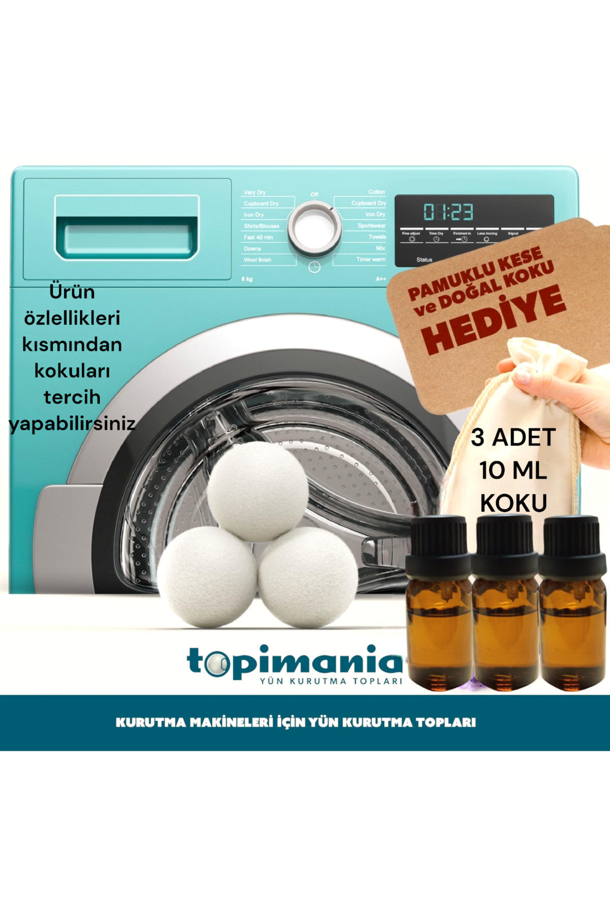 Topimania Yün Kurutma Topları 3 Adet Xxxl Doğal Yerli Üretim Çamaşır Yün Kurutma Topu- 3 Adet 10 ml Koku - Kurutma Makinesi Için