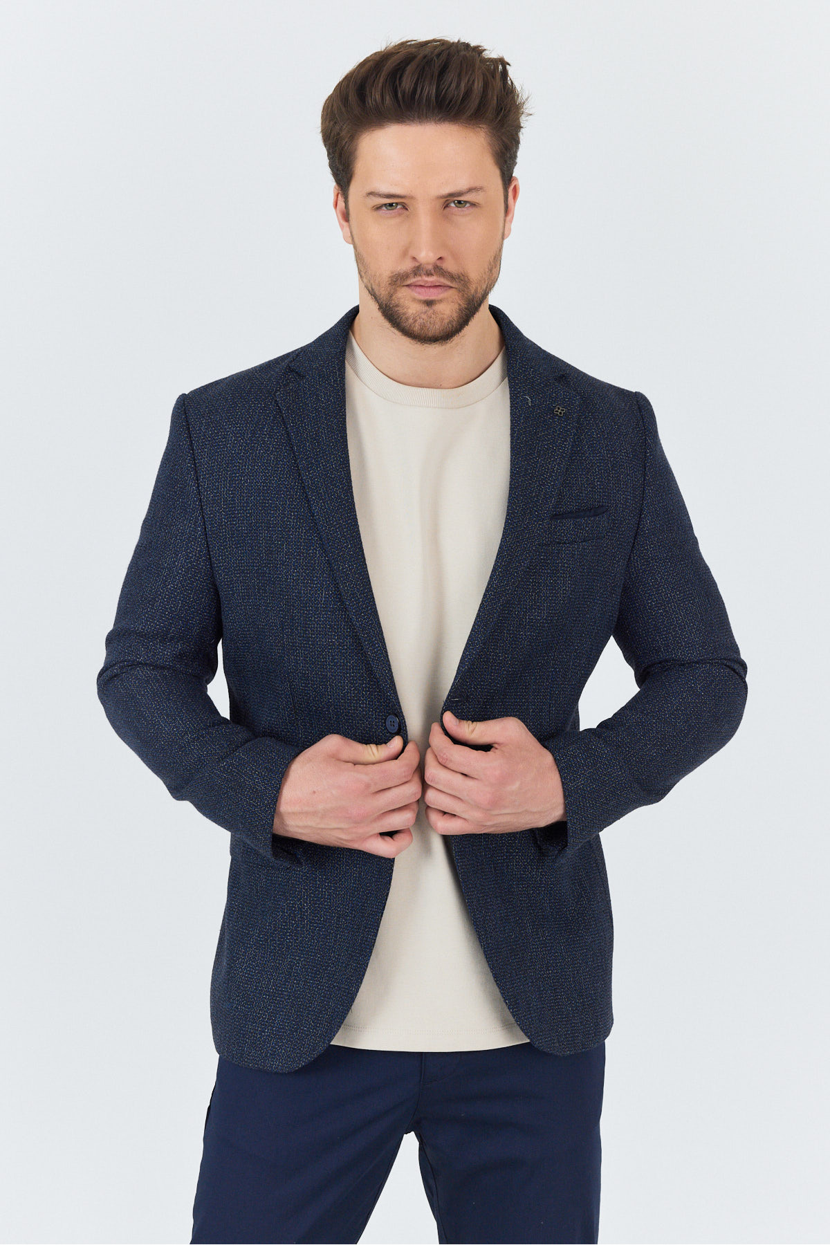 Frappoli  Ginoto Erkek Açık Lacivert Esnek Kumaşlı Slim Fit Mono Yaka Spor Blazer Ceket - Görsel 5