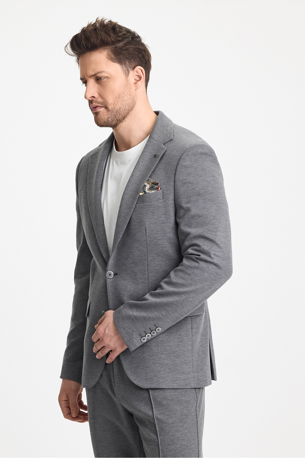 Frappoli  Jasino Erkek Gri Pamuklu Likralı Slim Fit Örme Esneyen Mono Yaka Blazer Ceket - Görsel 6