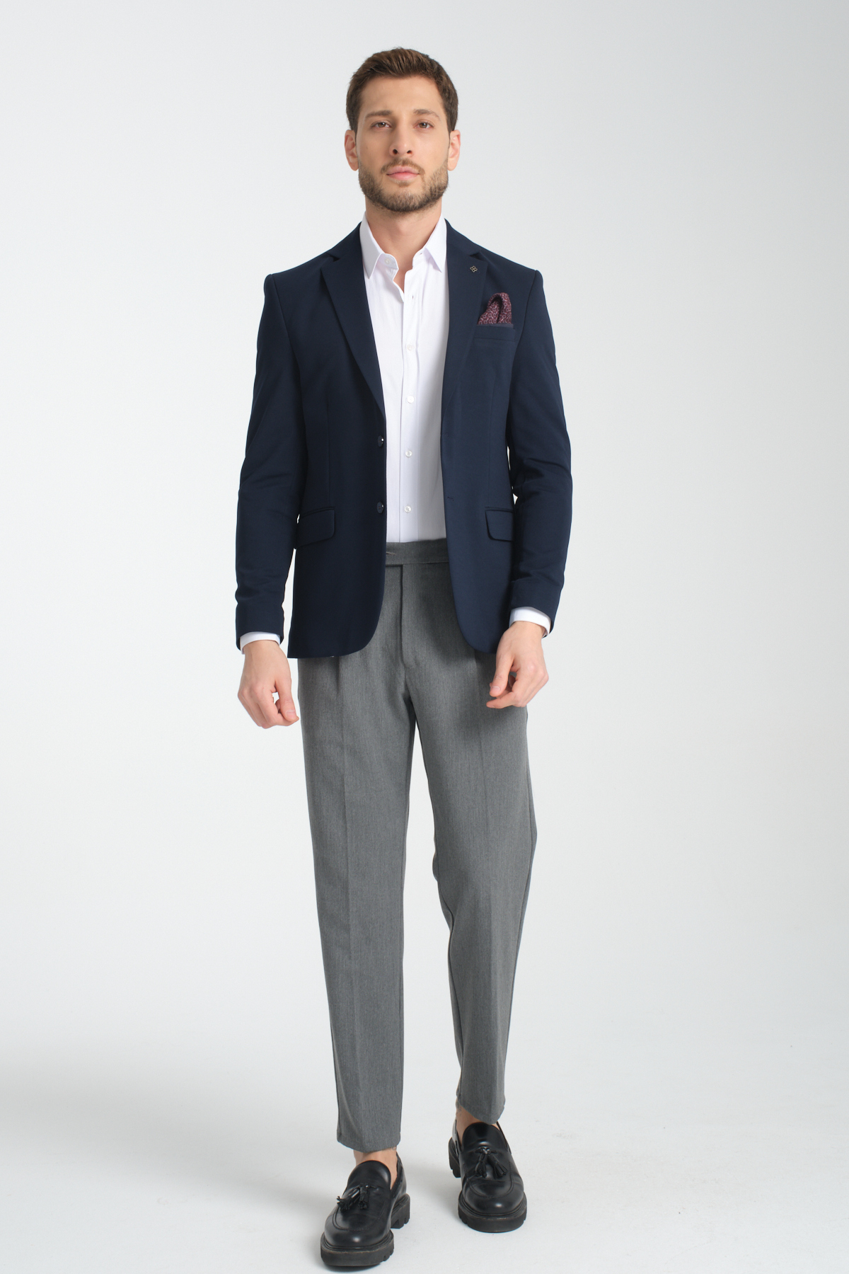 Frappoli  Baselnaa Erkek Koyu Lacivert Battal Büyük Beden Dar Kesim Astarlı Düğmeli Basic Blazer Ceket - Görsel 7