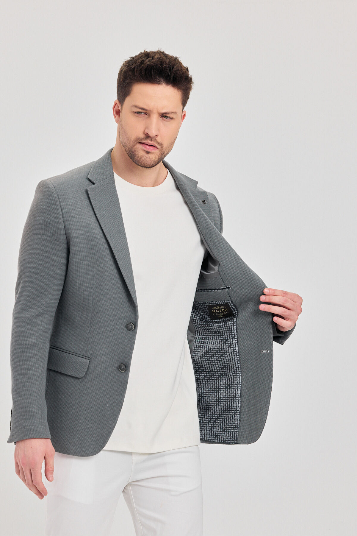 Frappoli  Fedeli Erkek Gri Pamuk Karışımlı Esneyen Kumaşlı Slim Fit Spor Blazer Ceket - Görsel 5