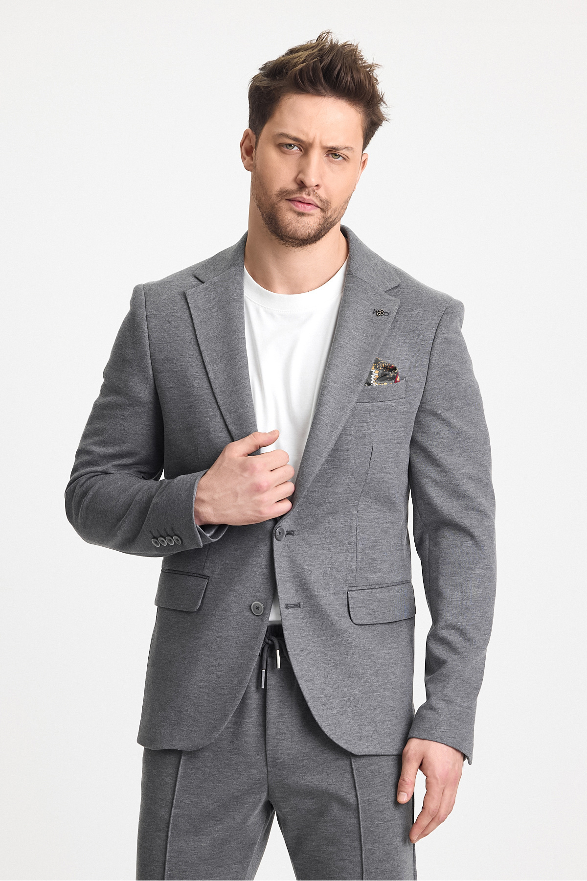 Frappoli  Jasino Erkek Gri Pamuklu Likralı Slim Fit Örme Esneyen Mono Yaka Blazer Ceket - Görsel 7