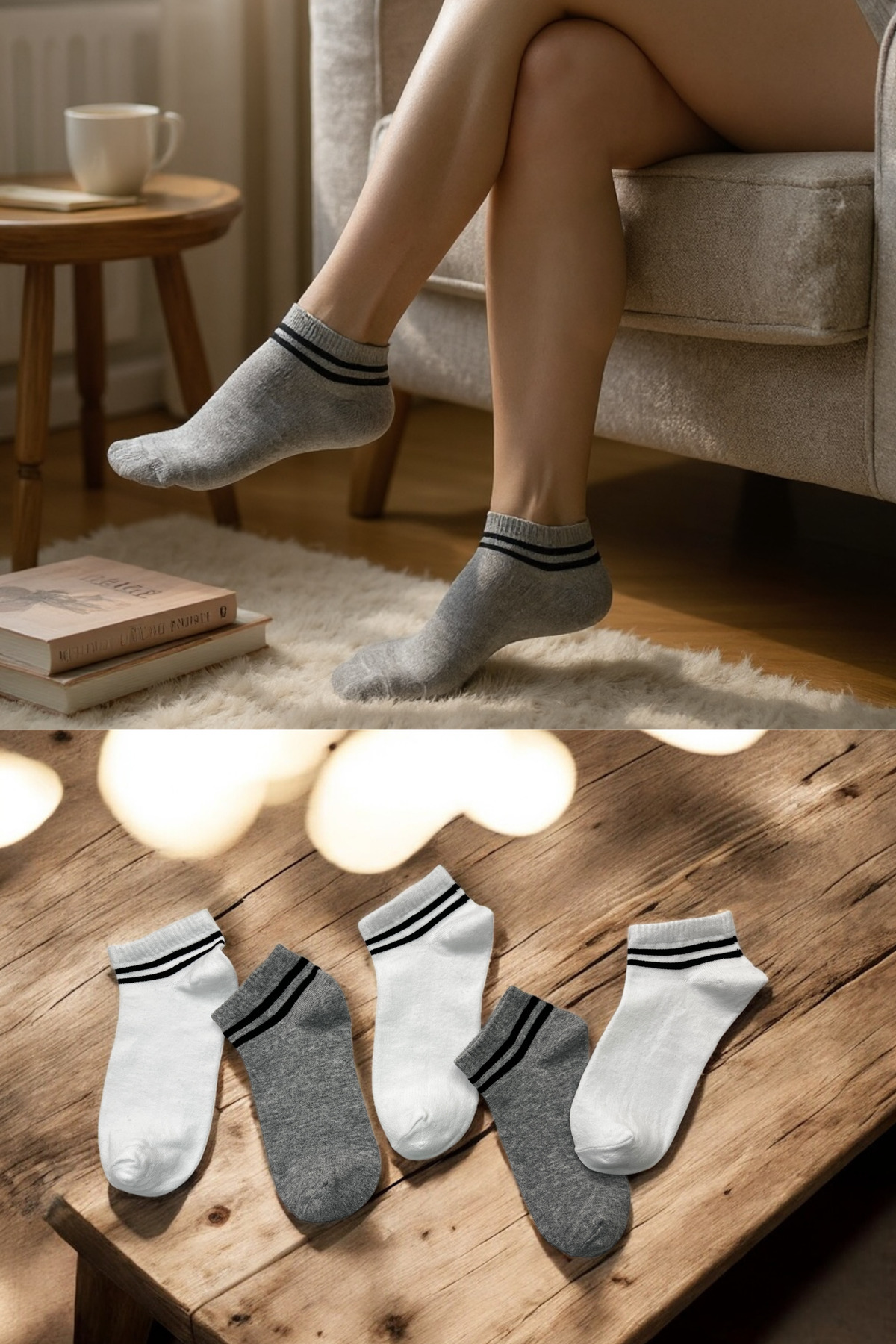 5-Pack Women Men Striped White and Gray Mixed Booties Socks