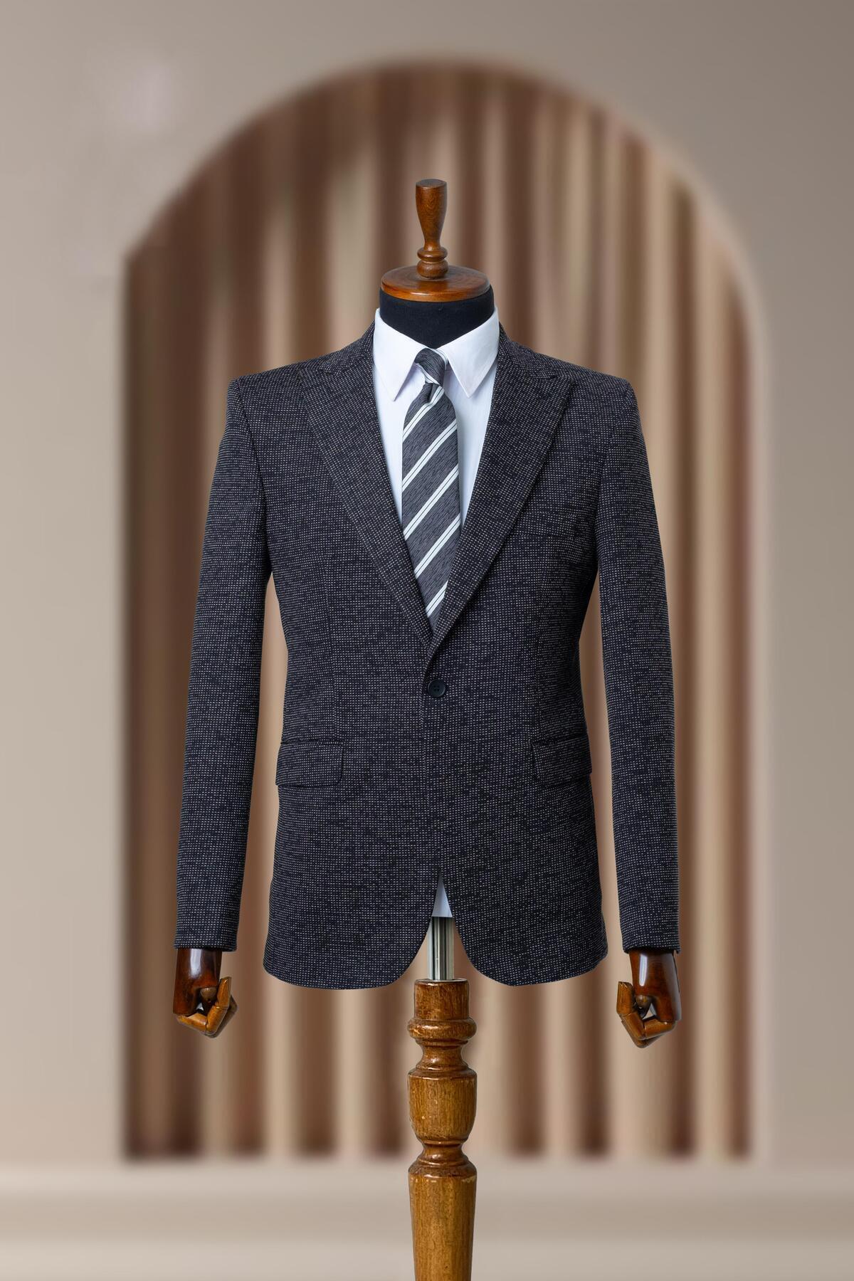 Sergio Ferraro  Siyah İtalyan Stil Dokulu Slim Fit Erkek Blazer Ceket - Görsel 2