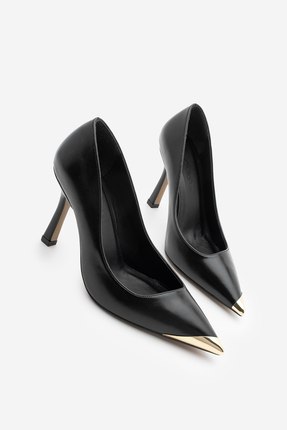 Marjin Kadın Stiletto Sivri Burun Altın Detaylı Klasik Topuklu Ayakkabı Ginez...