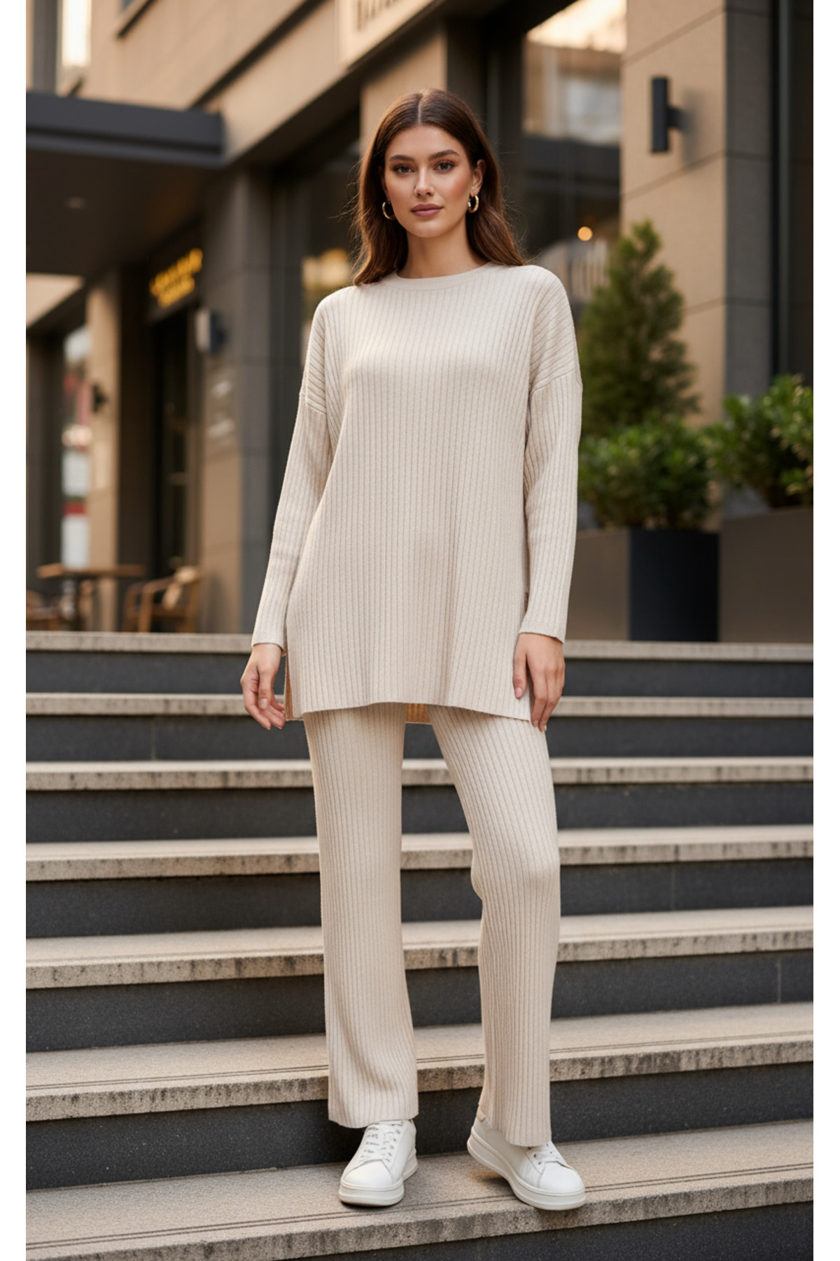 EYYE Kő színű pamut bordázott női blúz nadrág kétrészes szett