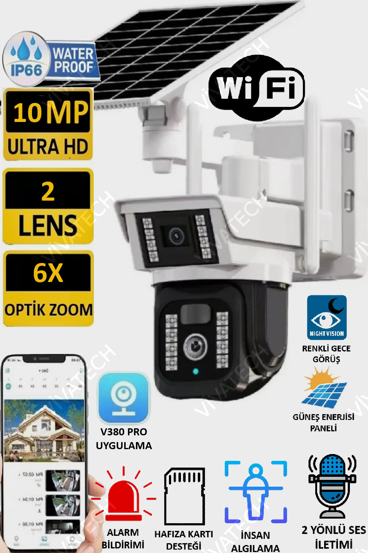 VİVATECH Ultimate RX33 10MP (5+5) 2 Kameralı UltraHD Wİ-Fİ Güneş Enerjili Akıllı Güvenlik Kamerası