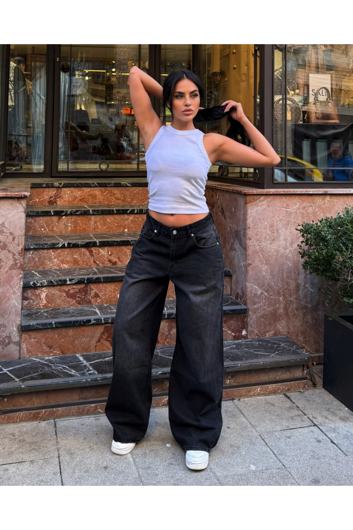 Kadın Antrasit Düşük Bel Geniş Paça Baggy Jean Pantolon