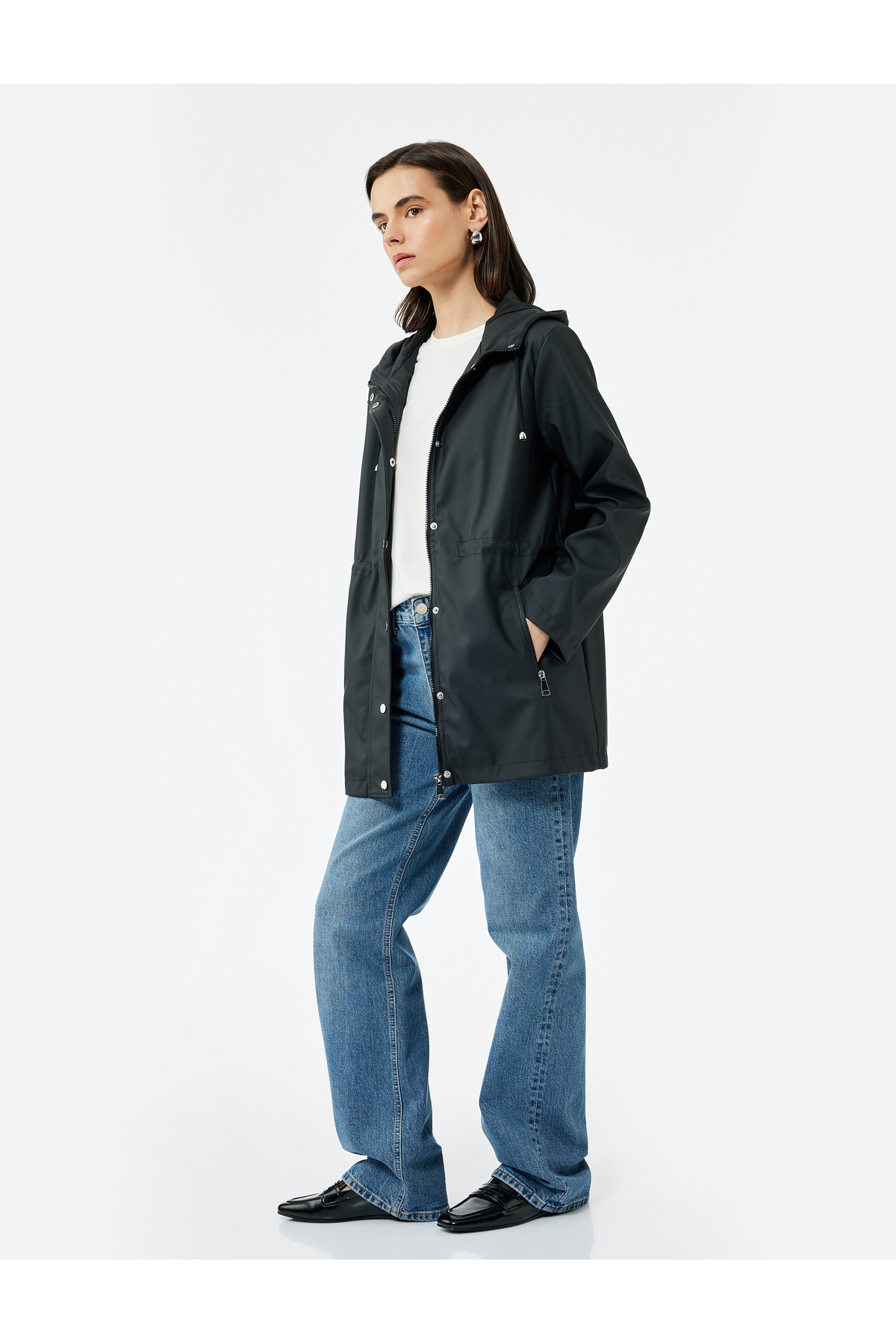 Koton  Cepli Beli Bağlamalı Uzun Kollu Fermuarlı Kapüşonlu Yağmurluk - Görsel 2