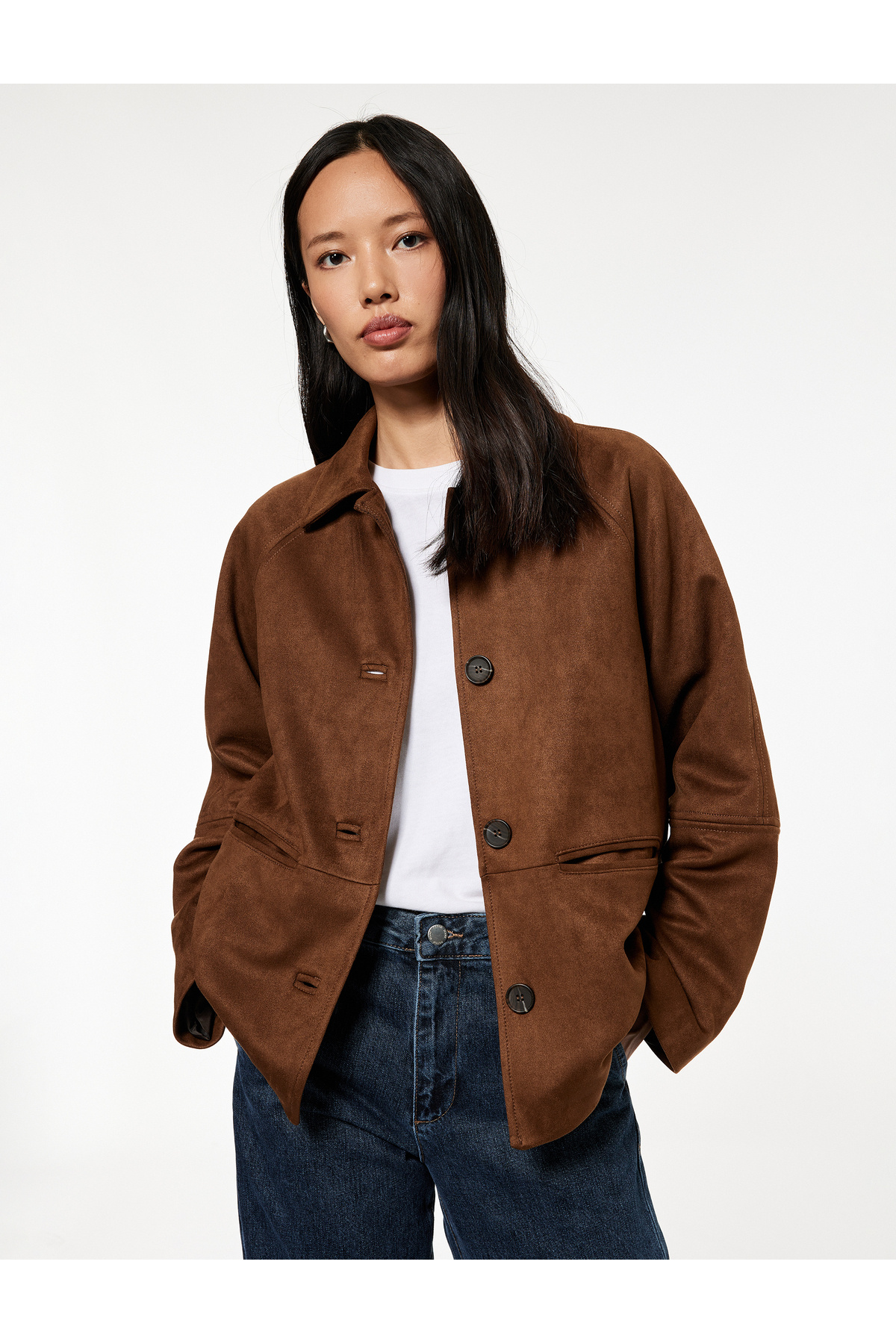 Pocketed Shirt Collar Long Sleeve Buttoned Faux Suede Jacket