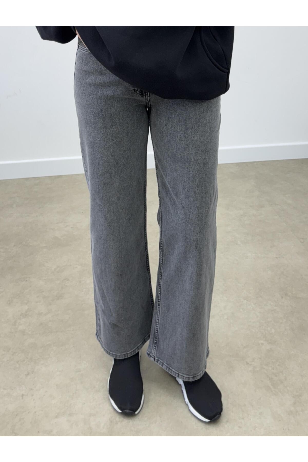 CHUL  KADIN ANTRASİT BOL PAÇA KOT PANTOLON - JEAN - GENİŞ BEDEN ARALIĞI