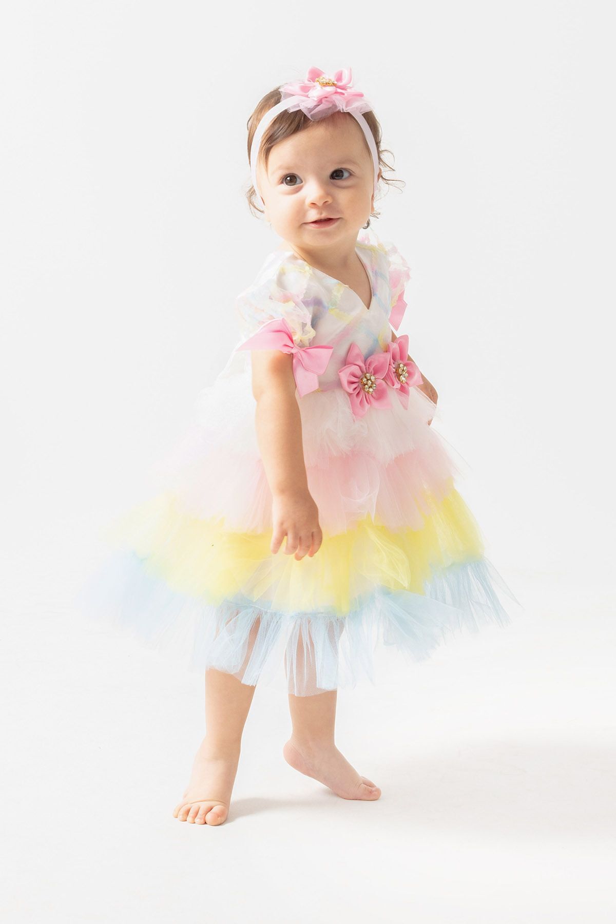 Ponpon Baby 1 yaş kız bebek renkli katkat tüllü prenses elbisesi doğum günü kıyafeti fotoğrafı 2 (önizleme)
