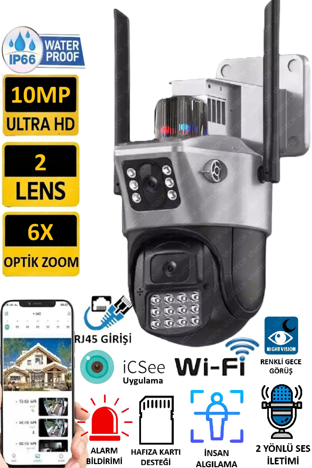 VİVATECH Pro RX23 6MP Dual Lens 360° Görüş Hareketli Waterproof Gece Görüş Sesli Görüşme Akıllı Kamera