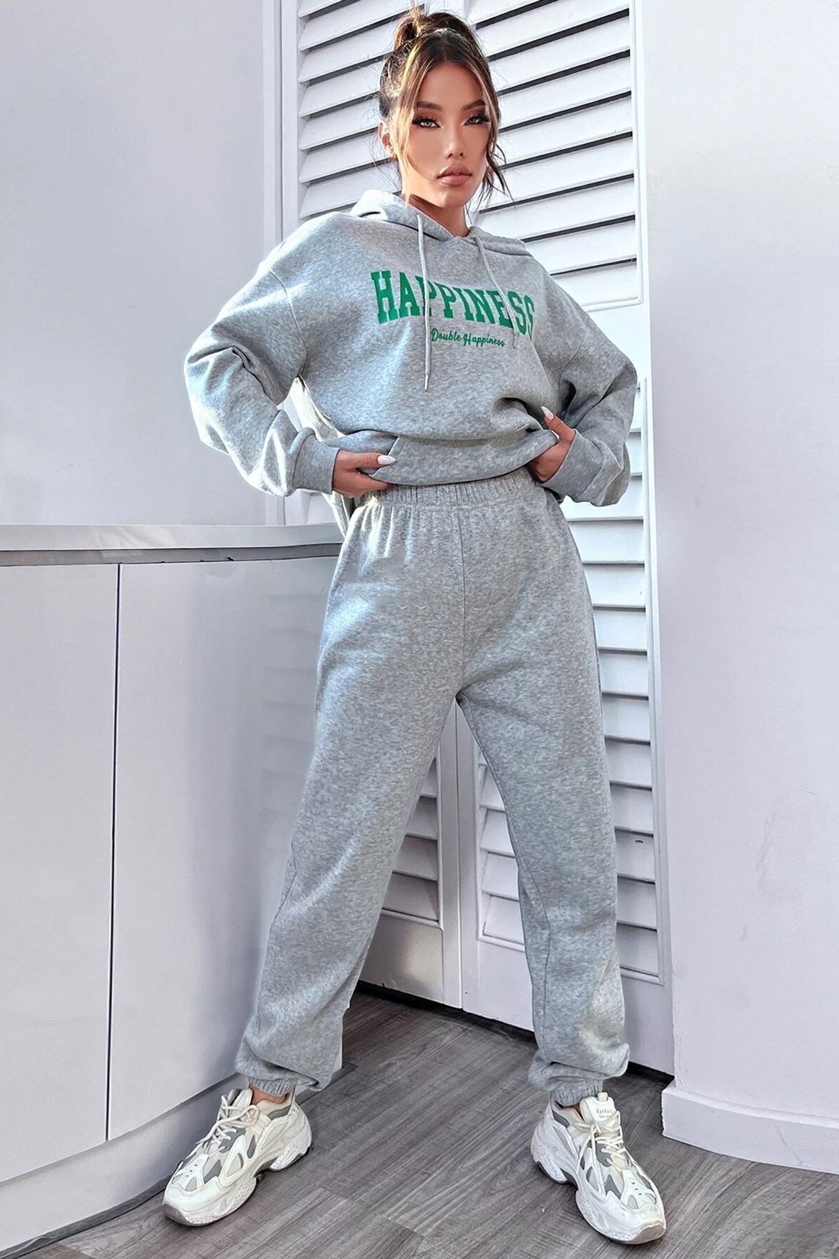 Unisex Happiness Baskılı Eşofman Takımı — خاکستری KP-SİYAH-HAPPİNES-ESH-DÜZ