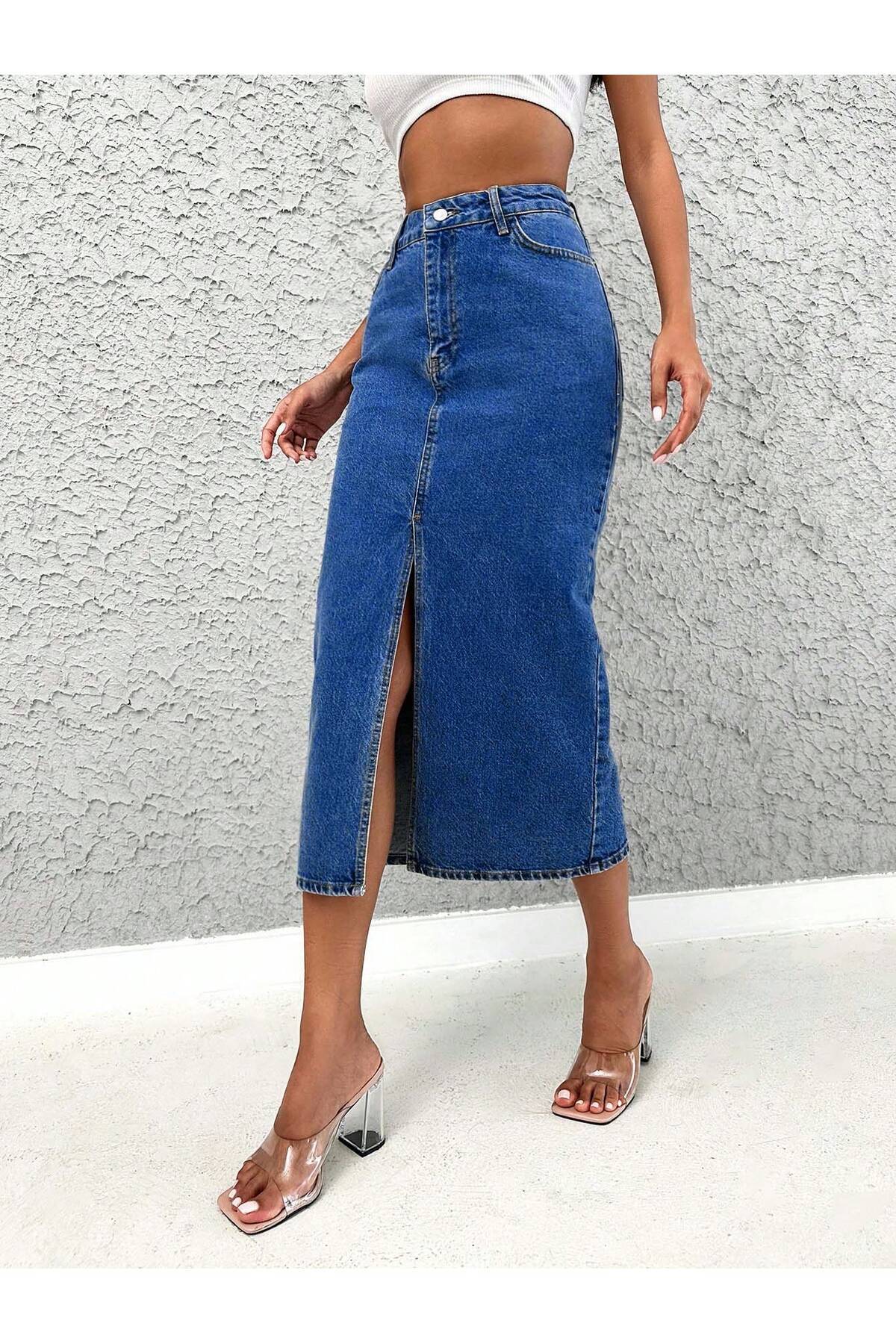 Dema  Kadın Denim Esnek Kumaş Yırtmaçlı Uzun Etek - Görsel 4