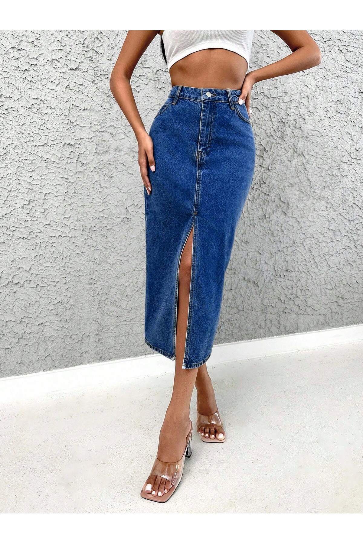 Dema  Kadın Denim Esnek Kumaş Yırtmaçlı Uzun Etek - Görsel 5