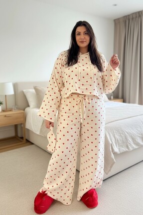 CHUL Büyük Beden %100 pamuk Müslin Kalpli Pijama Takımı - Lohusa Pijaması