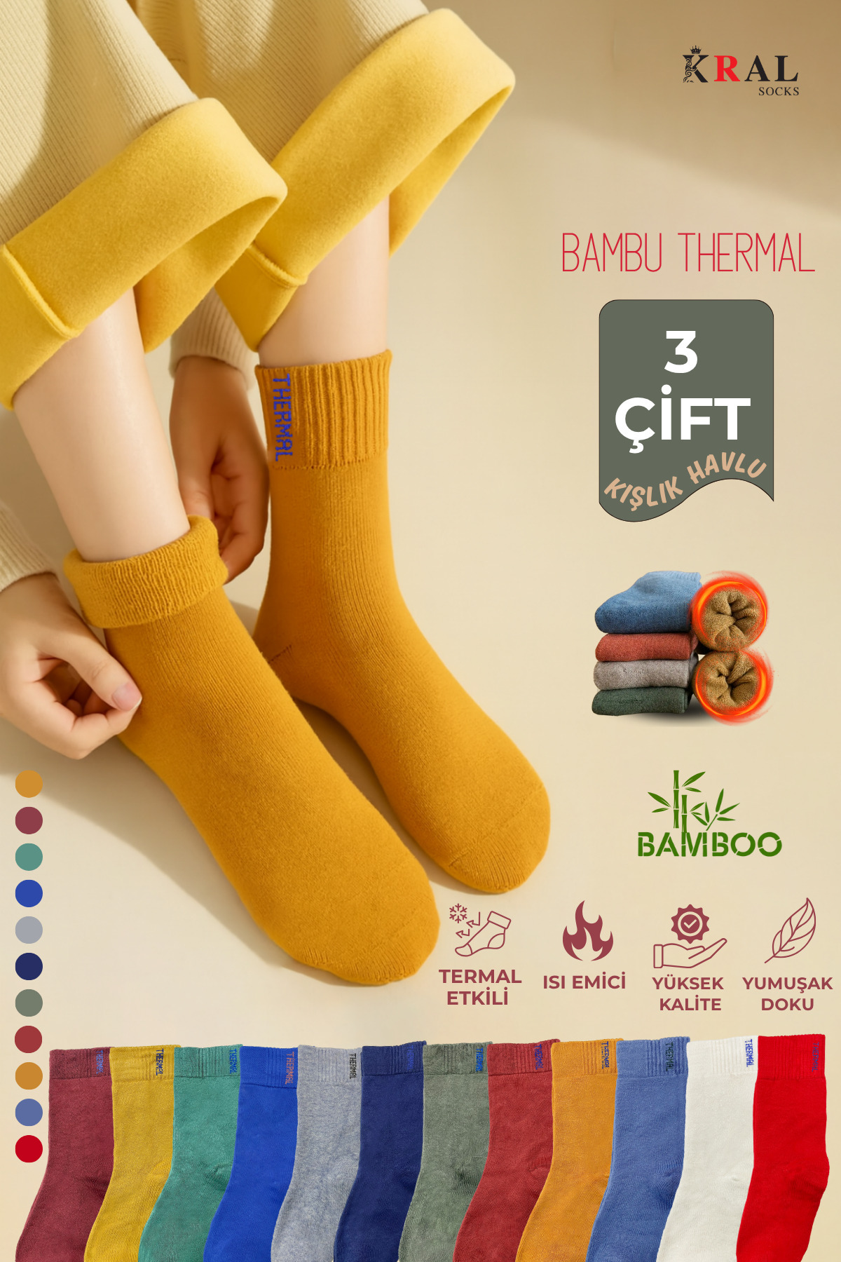 KRAL SOCKS Termal Özellikli Bambu 2x Korumalı (3 ÇİFT) Kadın Soft Renkli Kışlık Havlu Soket Çorap