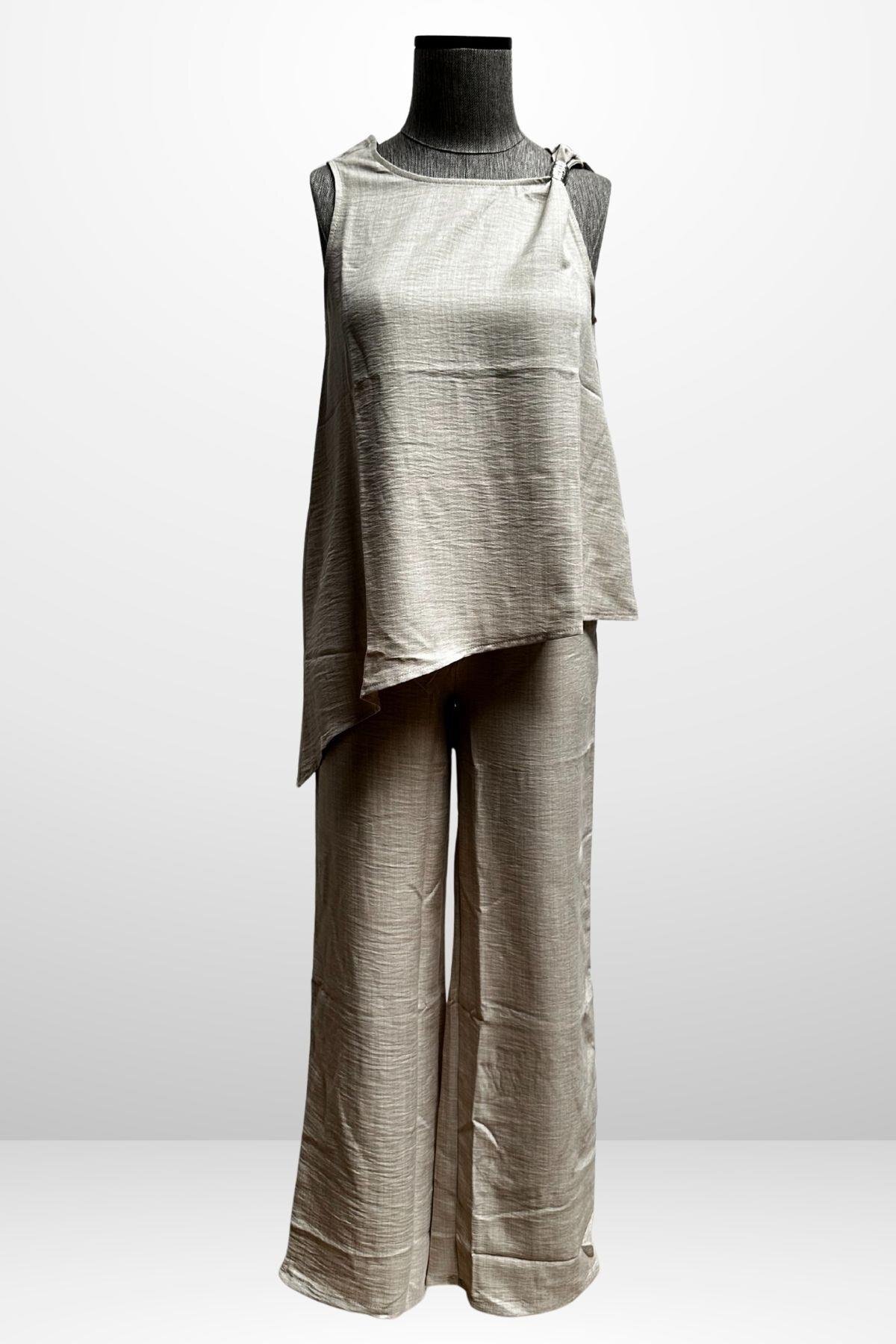 Women's Buckle Detailed Skirt Asymmetrical Blouse Elastic Waist Pocket Palazzo Trousers Linen 2-Piece Set