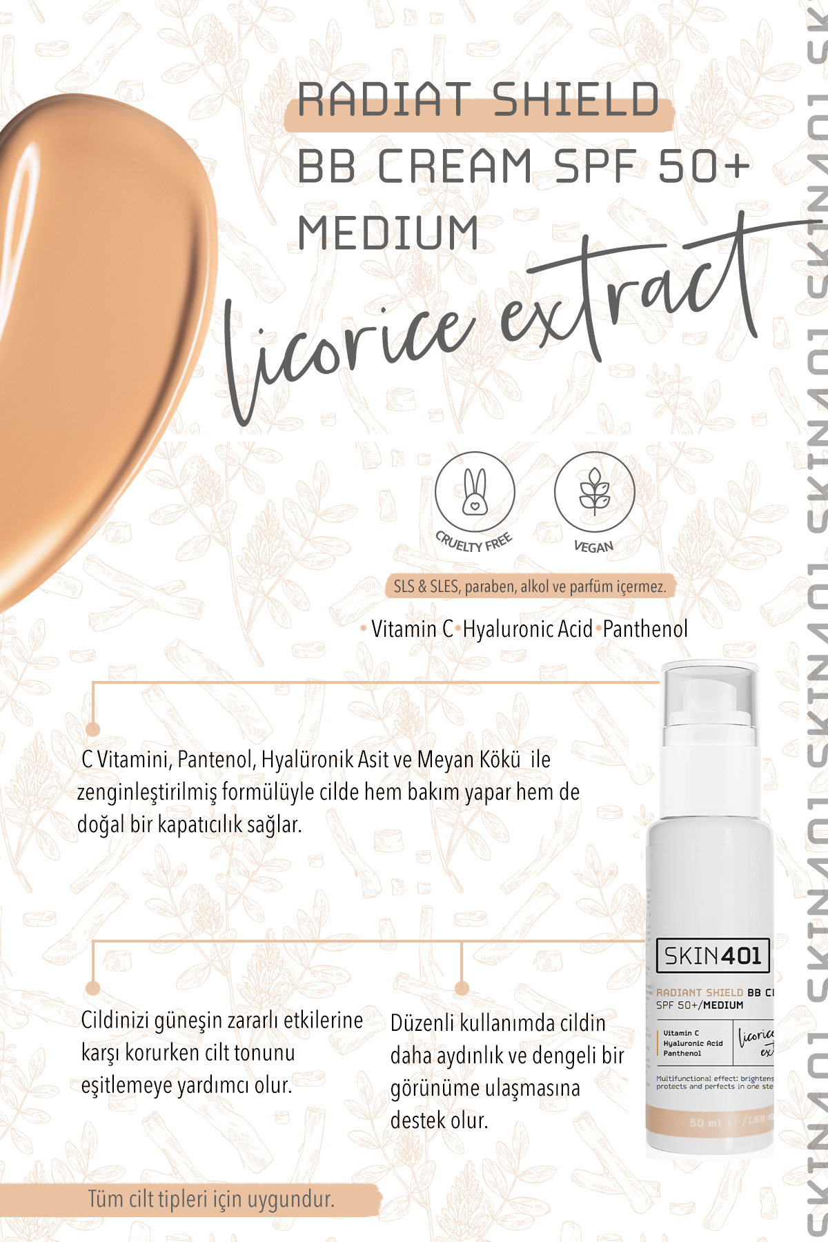 کرم بی بی روشن کننده SPF 50+، 50 میلی لیتر - رنگ متوسط، ضد آفتاب رنگی و یکنواخت کننده رنگ پوست — Skin401-600 — تصویر 3 از 7