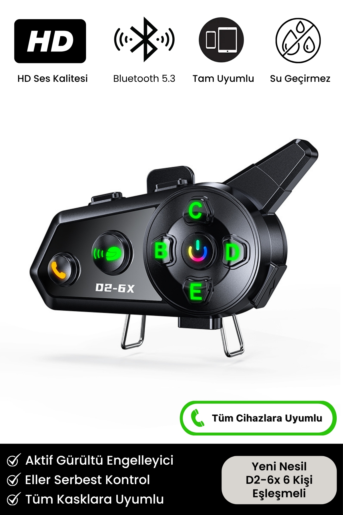 Yeni Nesil Motosiklet Kask D2-6X 6 Bağl. Interkom Mikrofonlu Gürültü Engelleyici Bluetooth Kulaklık