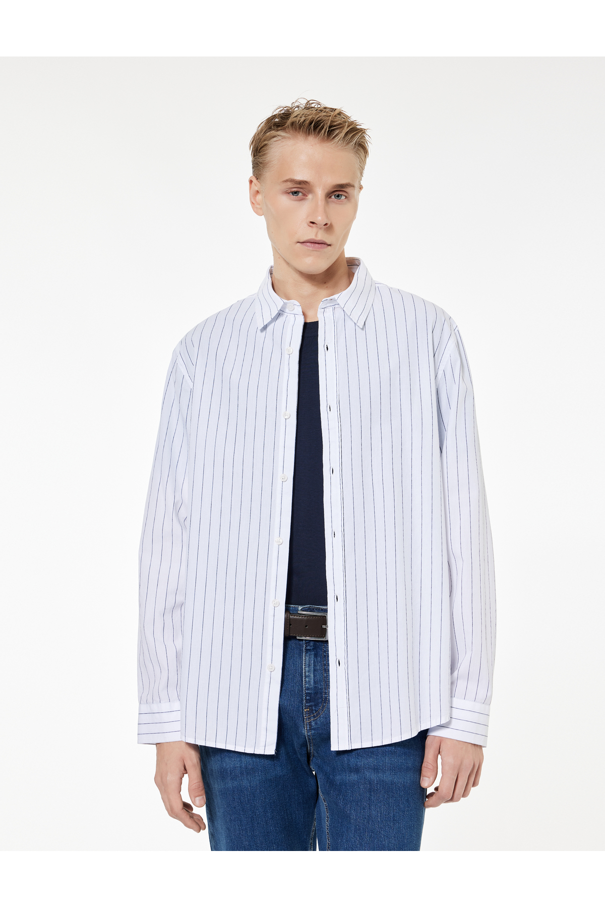 کوتون پیراهن نخی یقه کلاسیک دکمه‌دار آستین بلند معمولی فیت