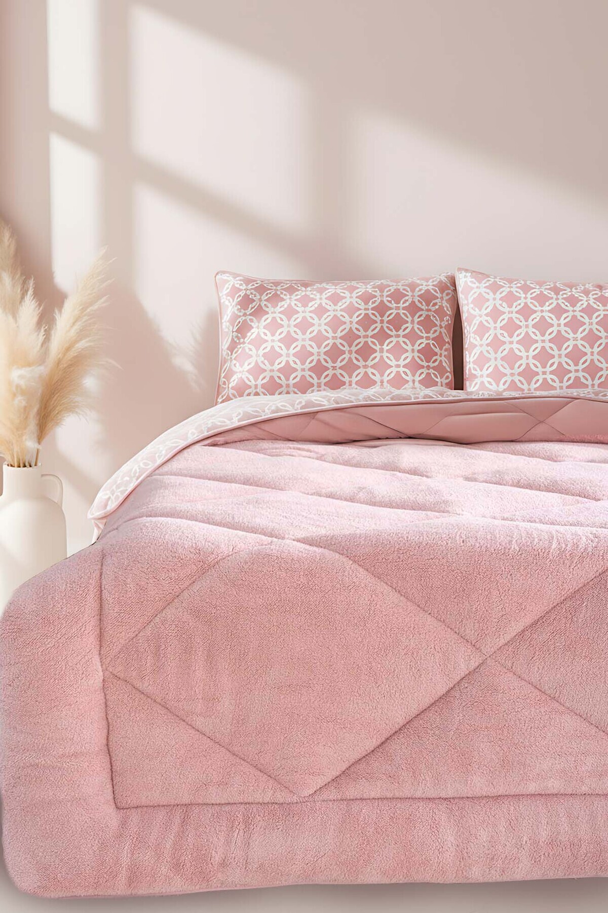 Riva Pudra Geometrik Loura Çift Kişilik Çift Taraflı Lüx Wellsoft Yorgan Seti 195x215 cm