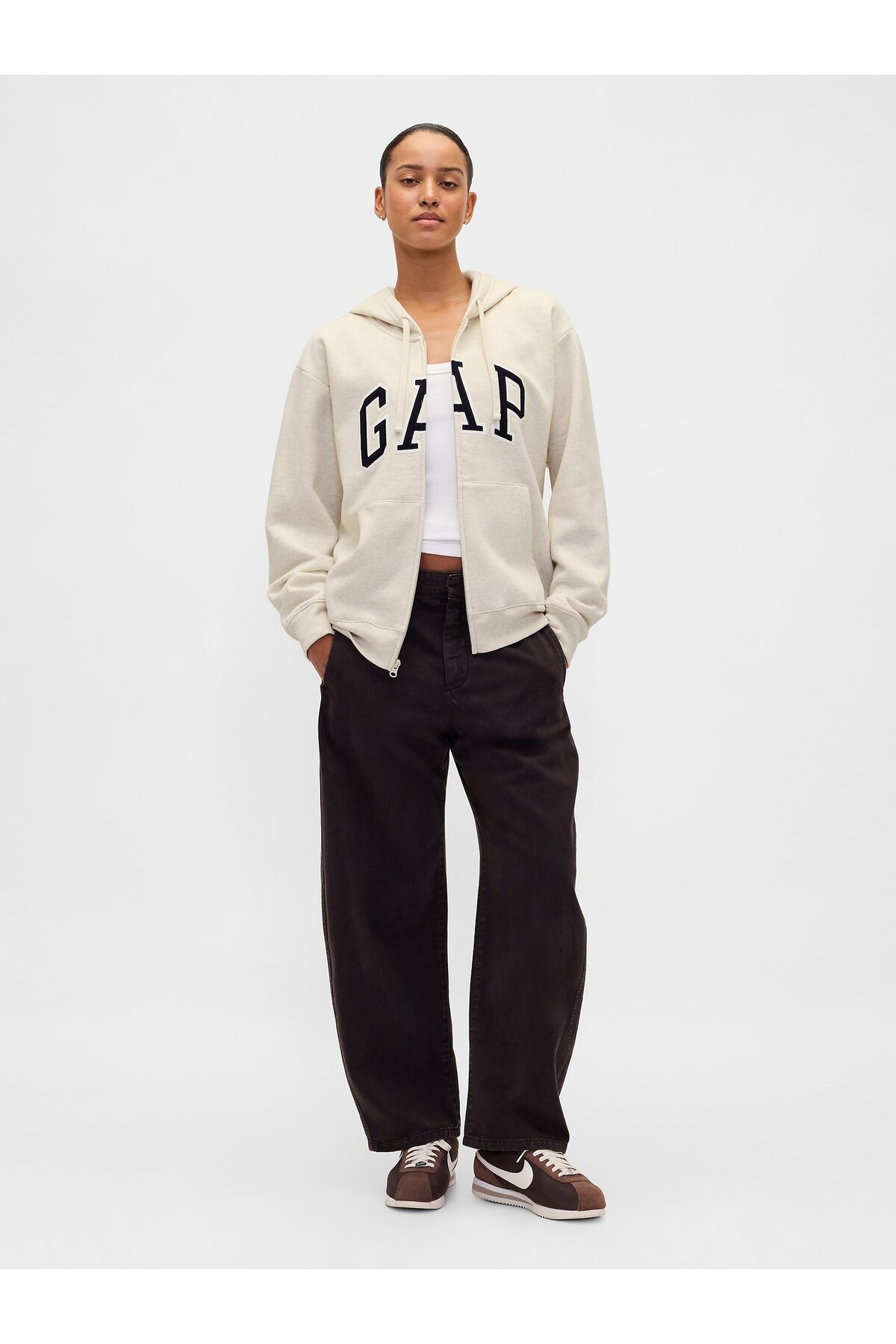 GAP  Kadın Kırık Beyaz Gap Logo Relaxed Fleece Fermuarlı Sweatshirt - Görsel 5