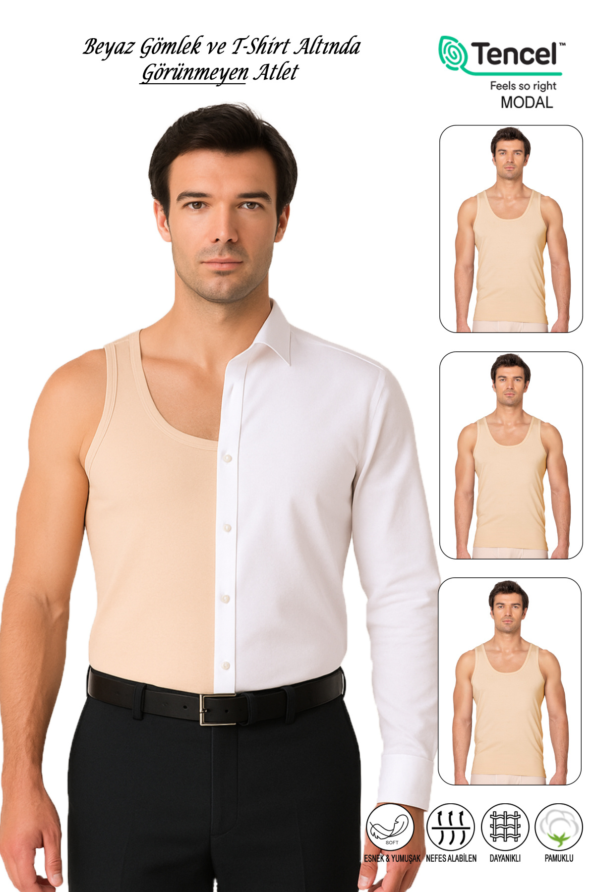 ÖZKAN underwear Özkan 10852 3'lü Paket Erkek Premium Kumaş Görünmez Atlet Pamuklu Modal Atlet