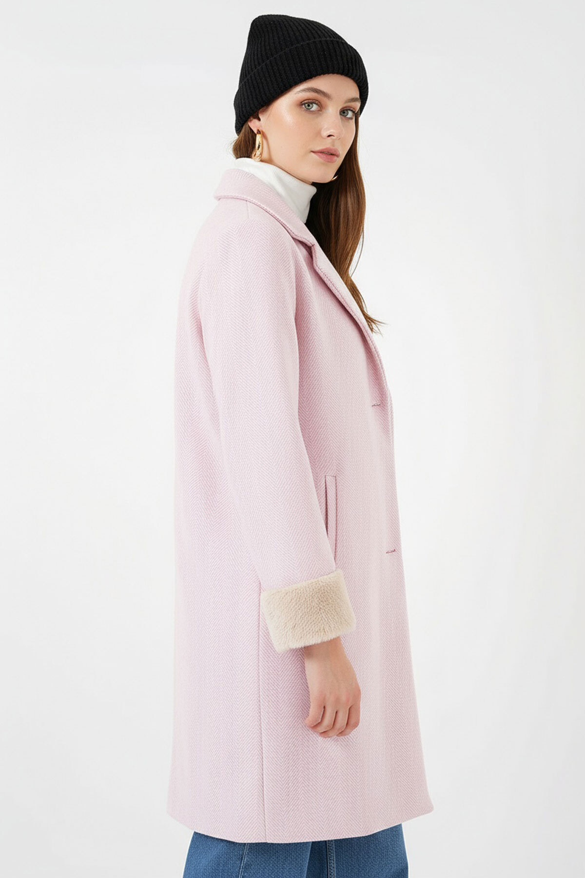 Bigdart  9145 Kadın Kolları Tüylü Balık Sırtı Kaşe Kaban - Pudra - Görsel 3