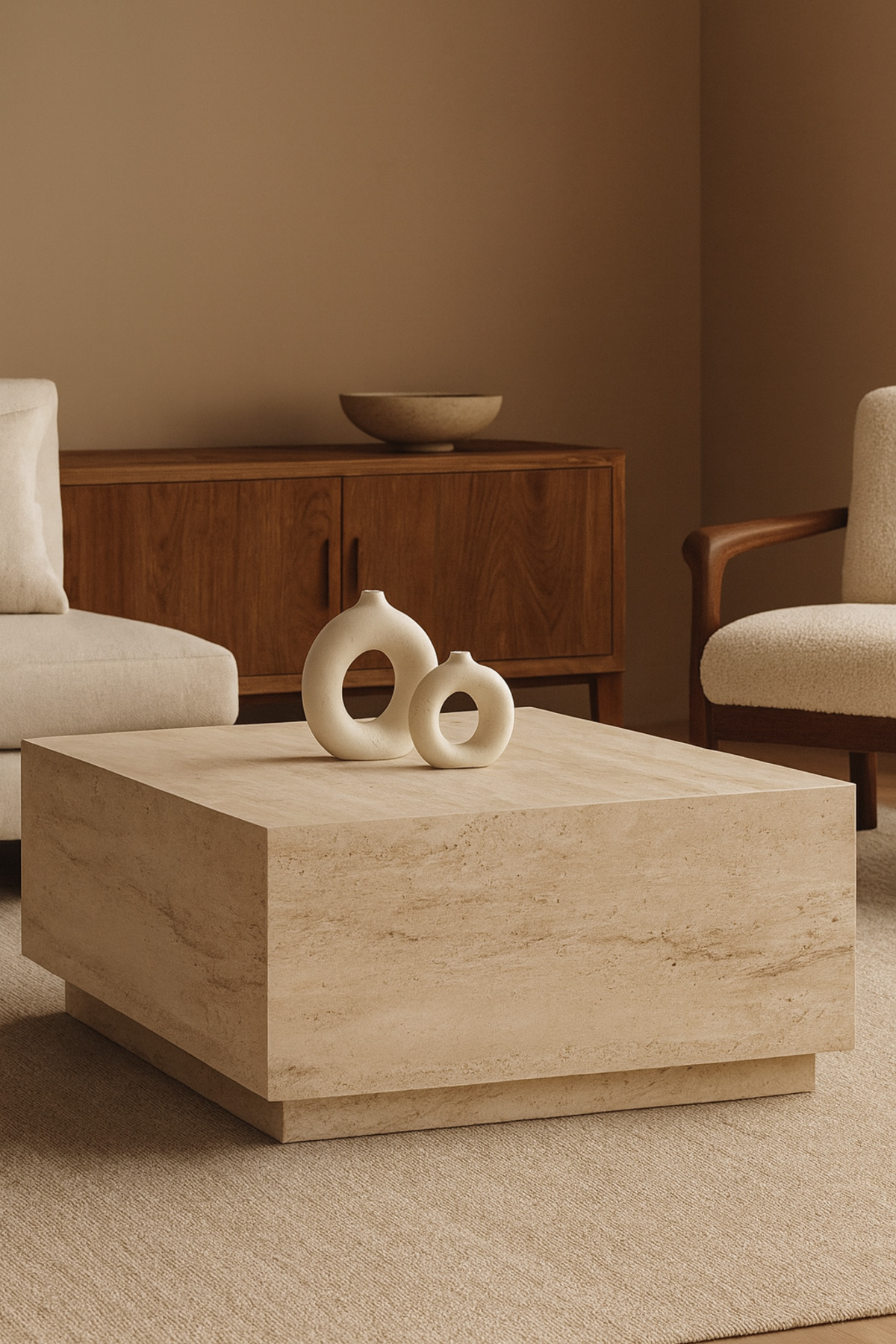 Atolye Casa 90x90cm Traverten Orta Sehpa Sabit Kare Lizbon Model