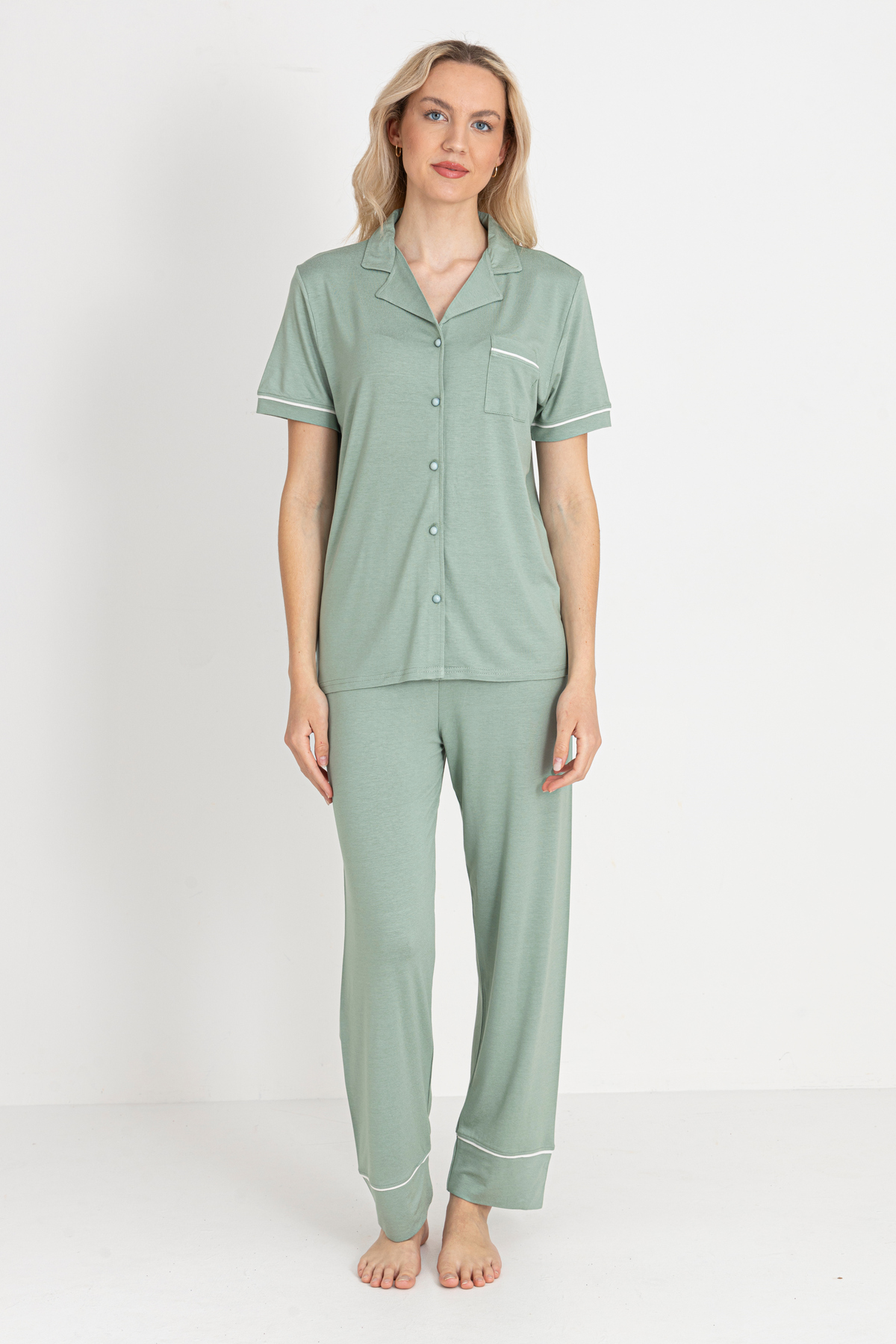 Massion Lairy Buttoned Short Collar Women's Green Pajamas Set