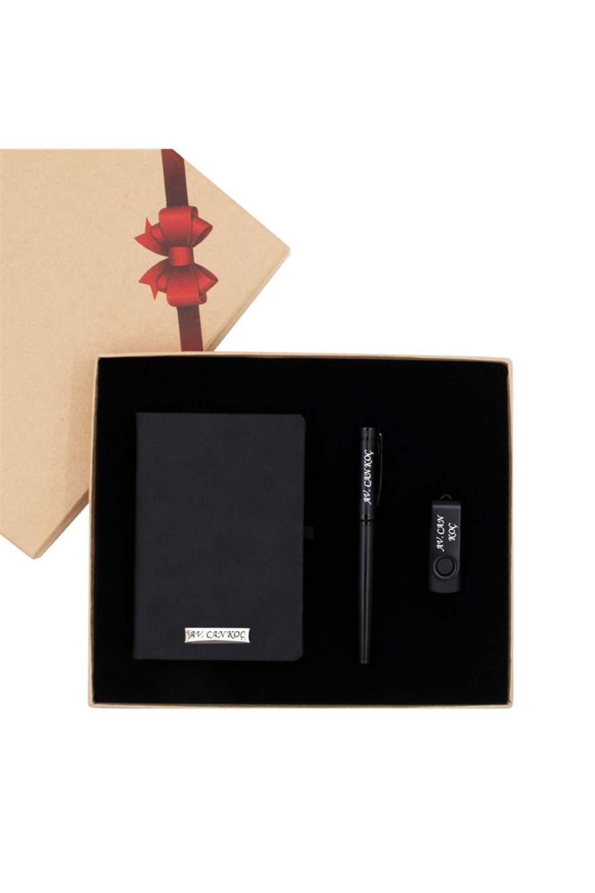 Genel Markalar Kişiye Özel Çizgili Cep Defteri Usb Bellek ve Metal Roller Kalem - Hediyeik Kutuda