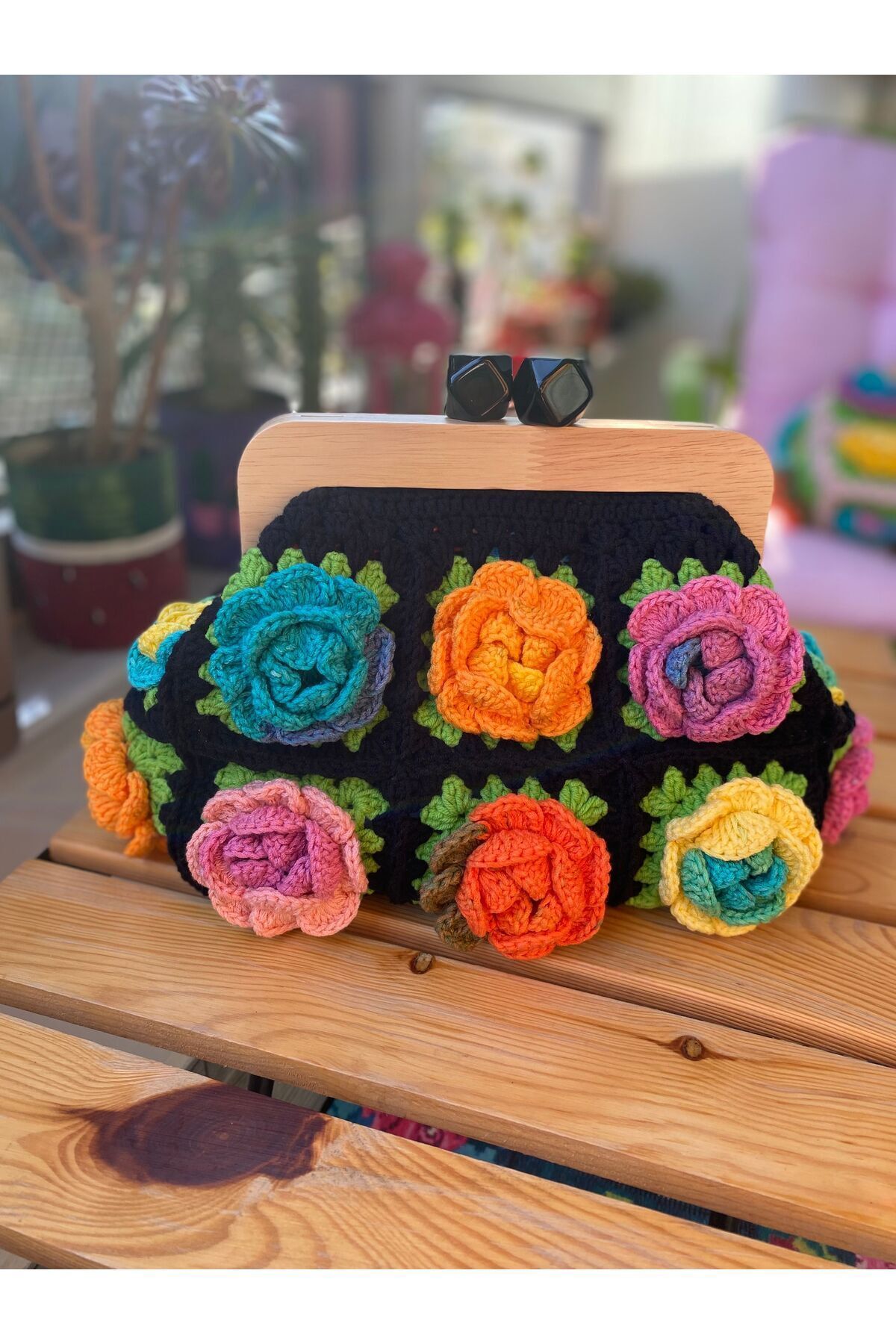 Satürn Hobi Örgü Ahşap Burslu Gül Motifli Clutch Çanta görsel 2
