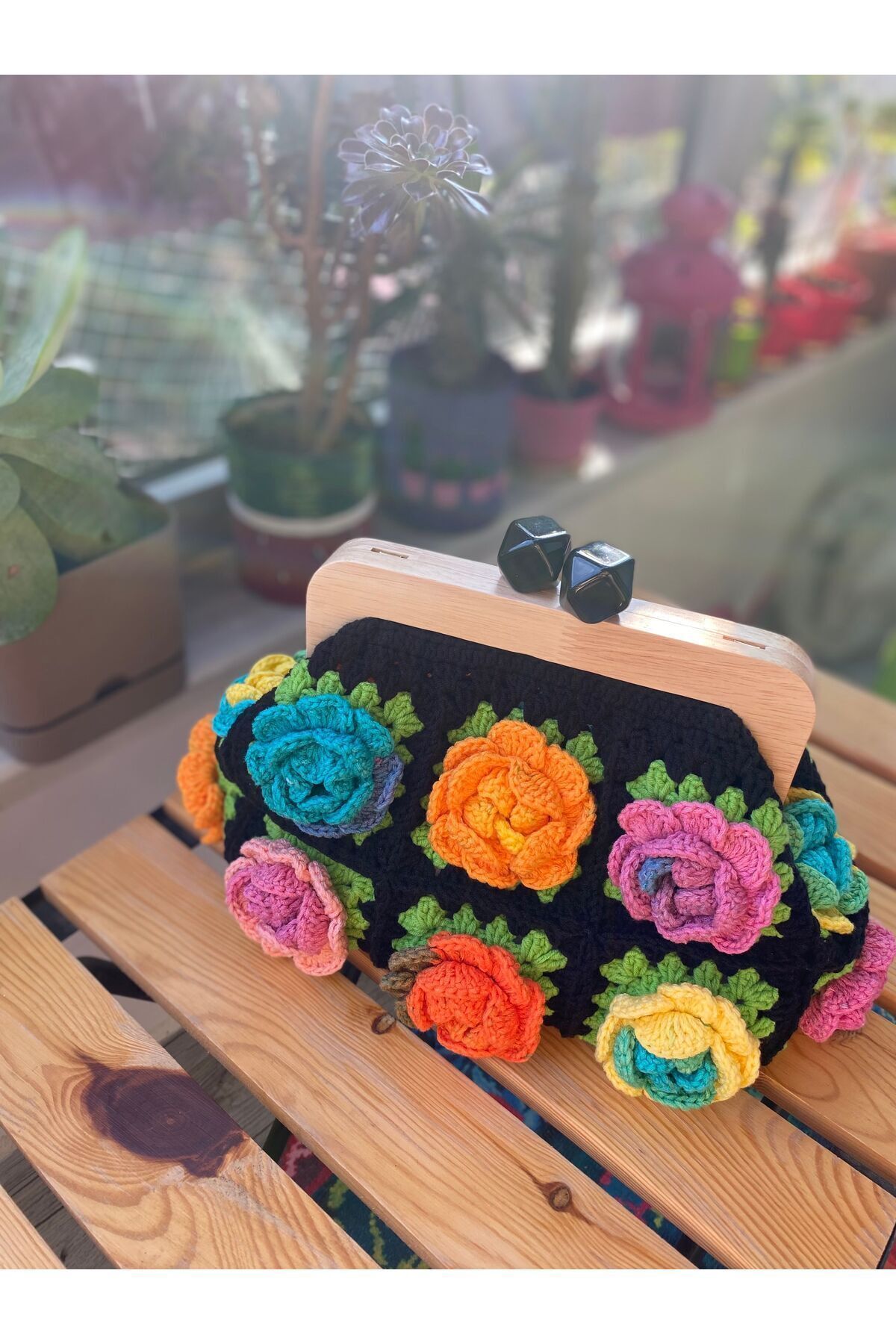 Satürn Hobi Örgü Ahşap Burslu Gül Motifli Clutch Çanta görsel 5