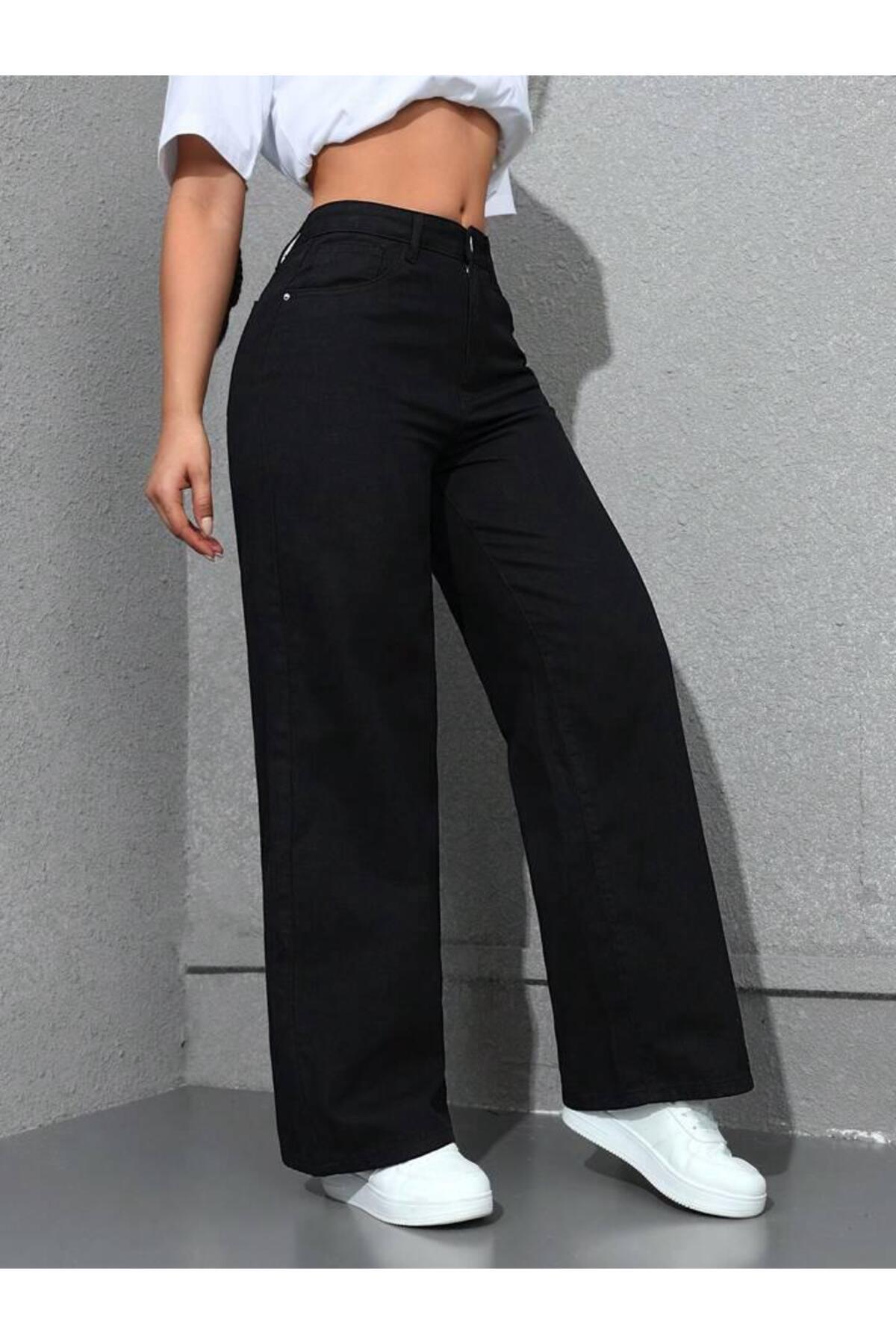 Linarose  Kadın Bol Kesim Boru Paça Likralı Palazzo Jean Pantolon - Görsel 2