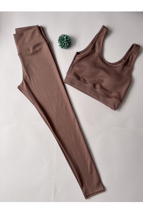 VELOURE Kadın Spor Tayt alt üst takım 2'li Kalın Askılı Pedli Crop Büstiyer,F...